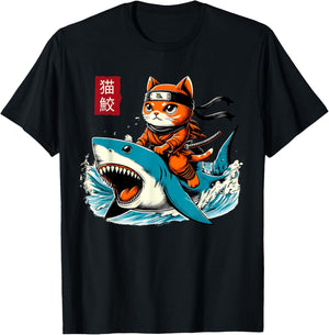 Kawaii Samurai Cat Tattoo Shark Ninja Cat Japanese Anime Kid T-Shirt - T-Shirt | Black