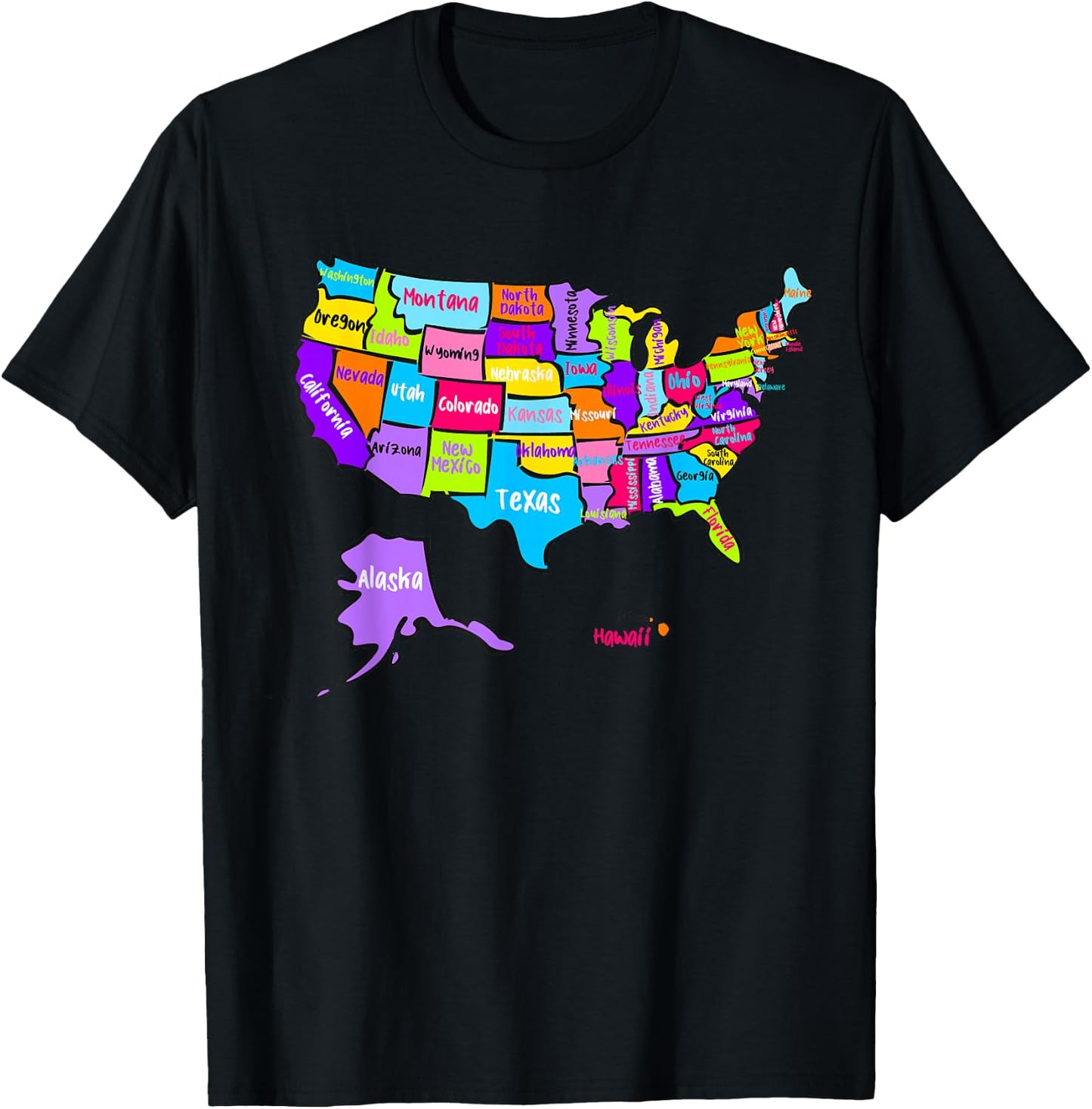 United States of America Colorful Map with State Names T-Shirt - T-Shirt | Black