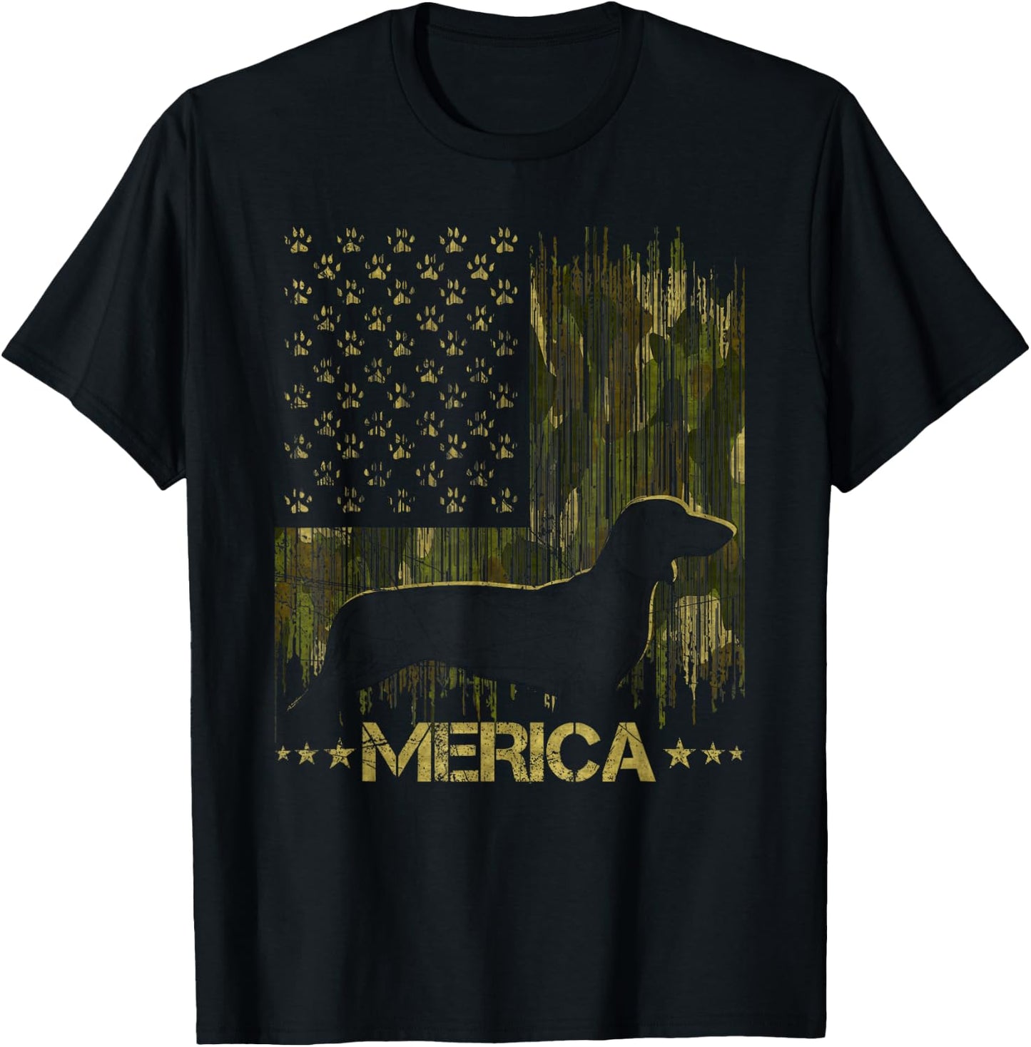 Vintage Camouflage USA Flag Merica Dachshund Dog Silhouette Men Women Kids T-Shirt - T-Shirt | Black