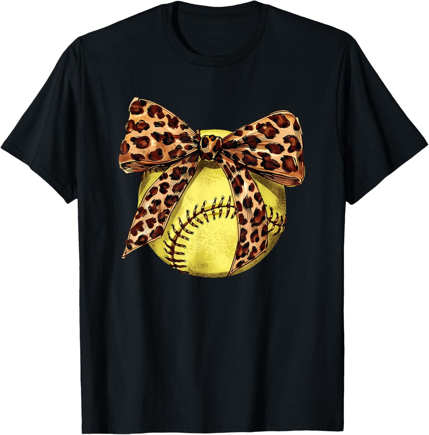 Girls Softball Leopard Animal Print Bow Ribbon Mom Daughter T-Shirt - T-Shirt | Black