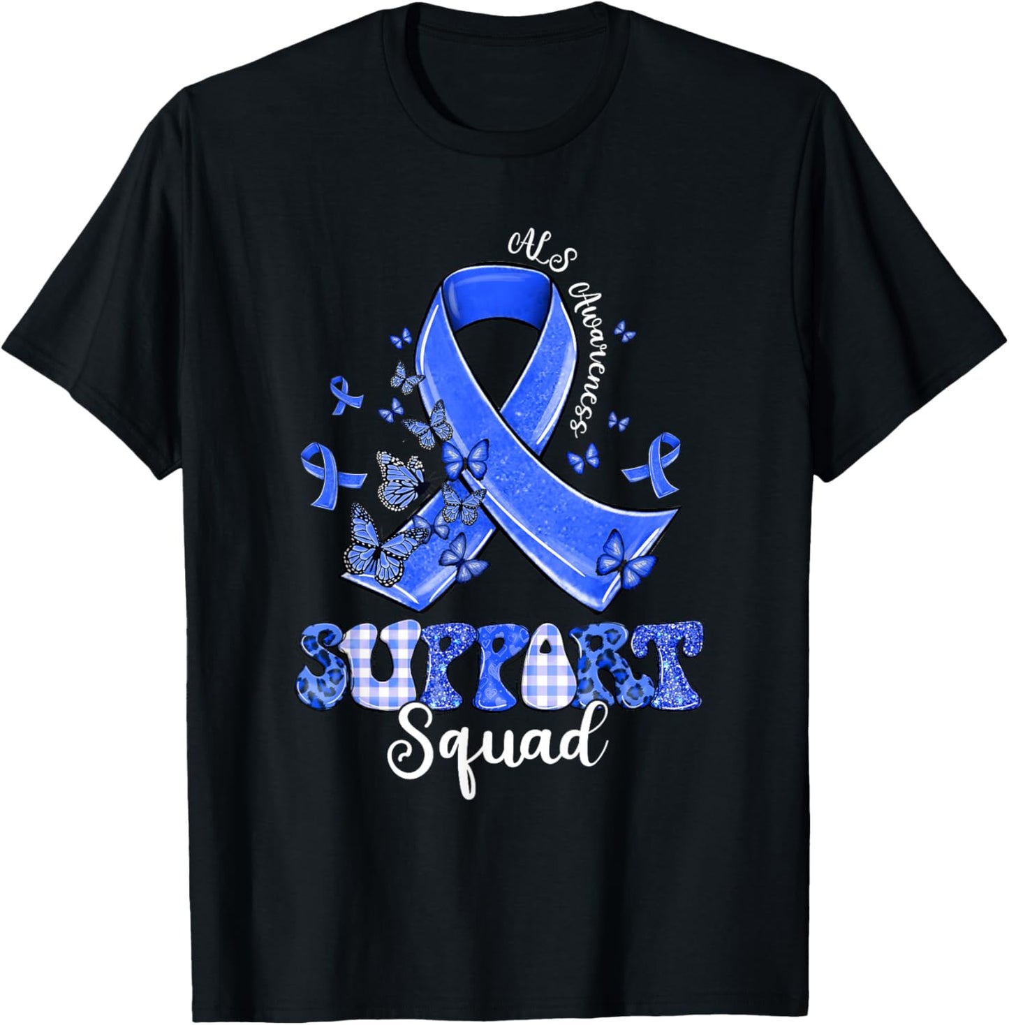 Support Squad Blue Ribbon Butterfly ALS Awareness T-Shirt - T-Shirt | Black