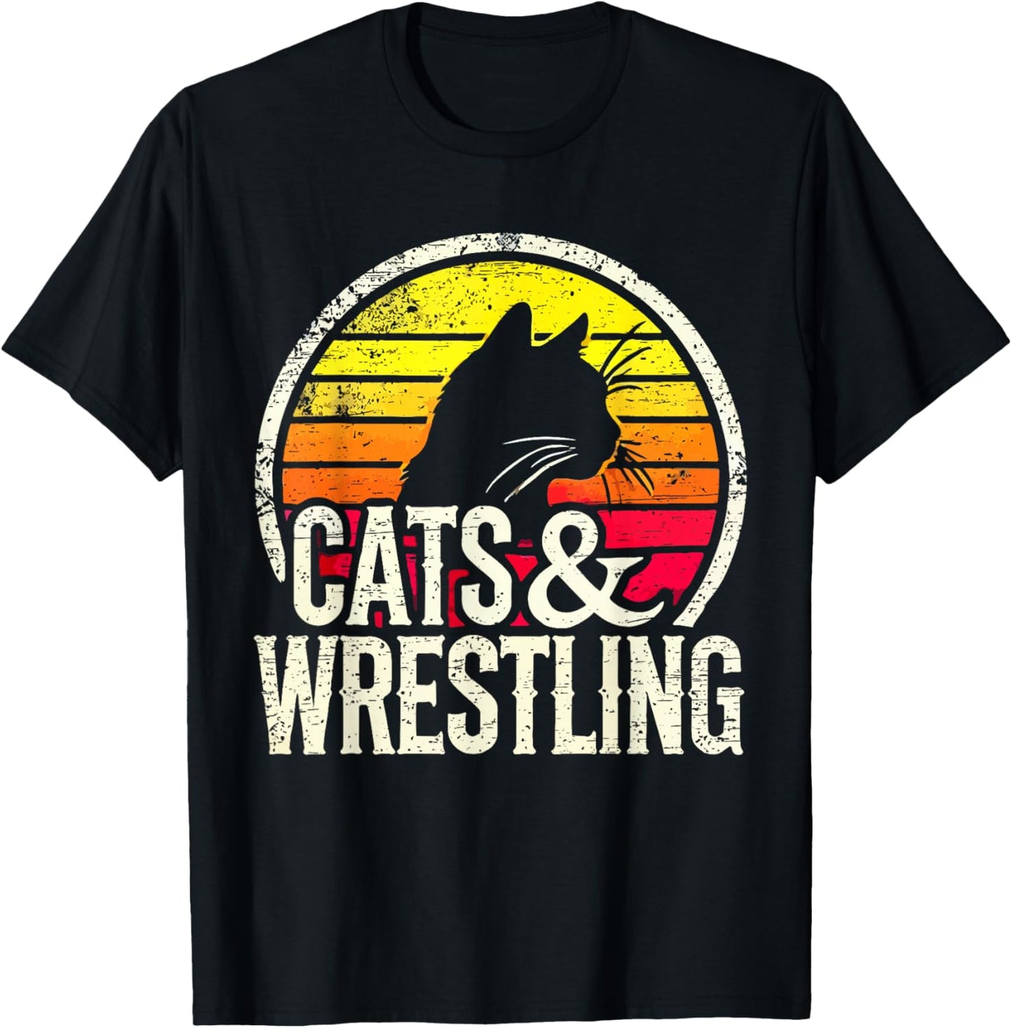 Cats And Wrestling Retro Sunset Silhouette T-Shirt - T-Shirt | Black