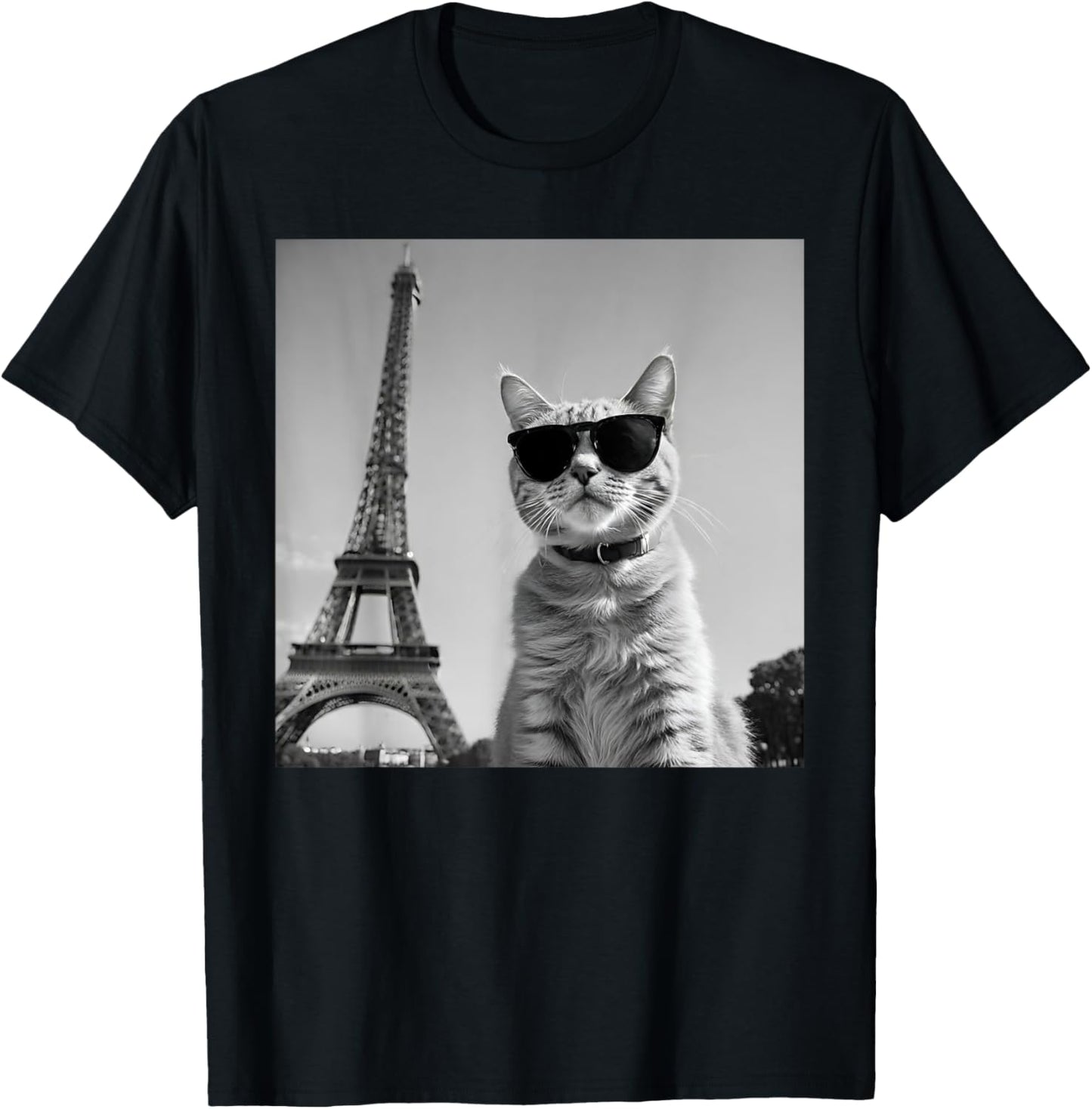 Funny French Cat Wearing Sunglasses And Paris Eiffel Tower T-Shirt - T-Shirt | Black