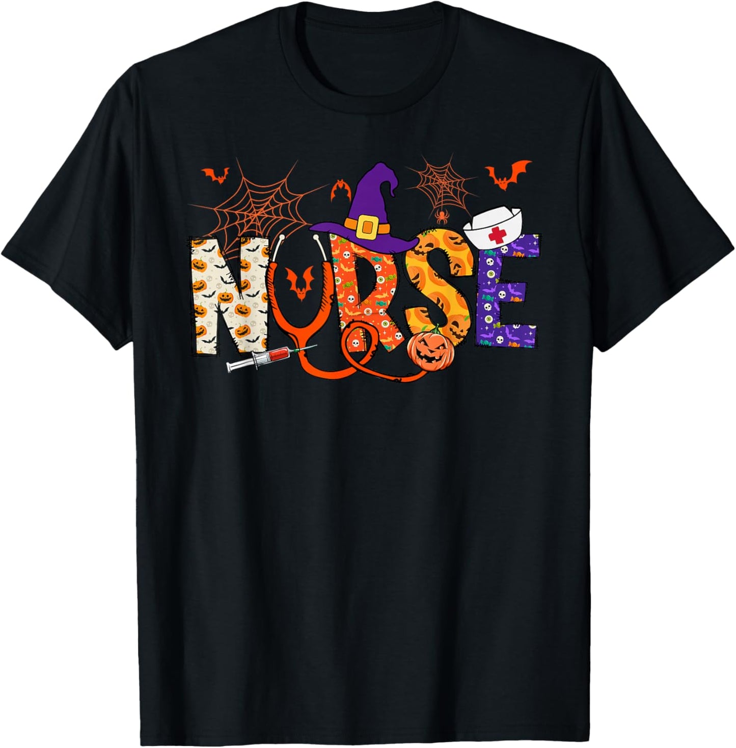 Spooky Nurse Witchy Vintage Hippie Halloween Thanksgiving T-Shirt - T-Shirt | Black
