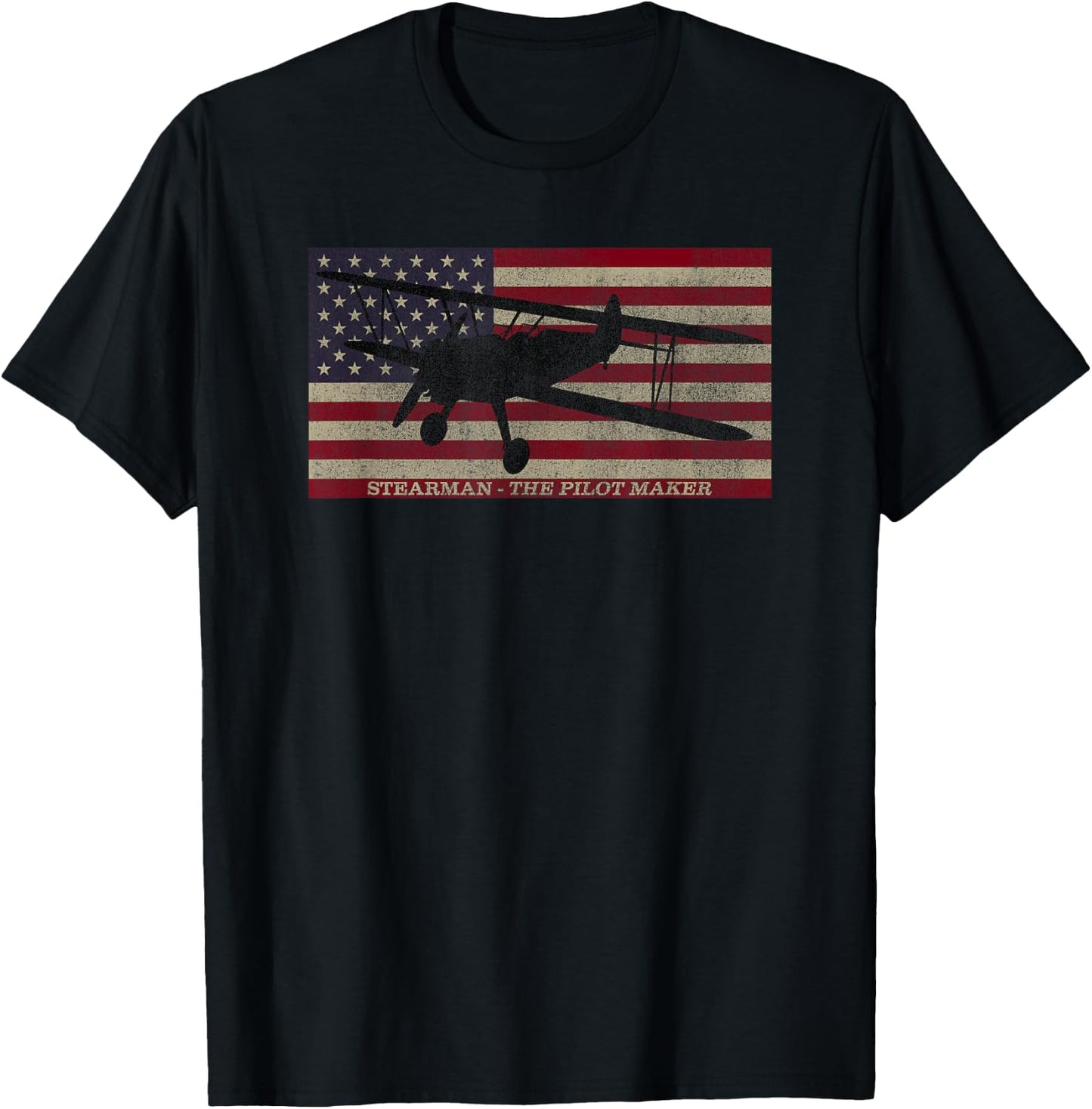 PT-13 Stearman American Biplane Pilot Trainer Vintage Flag T-Shirt - T-Shirt | Black