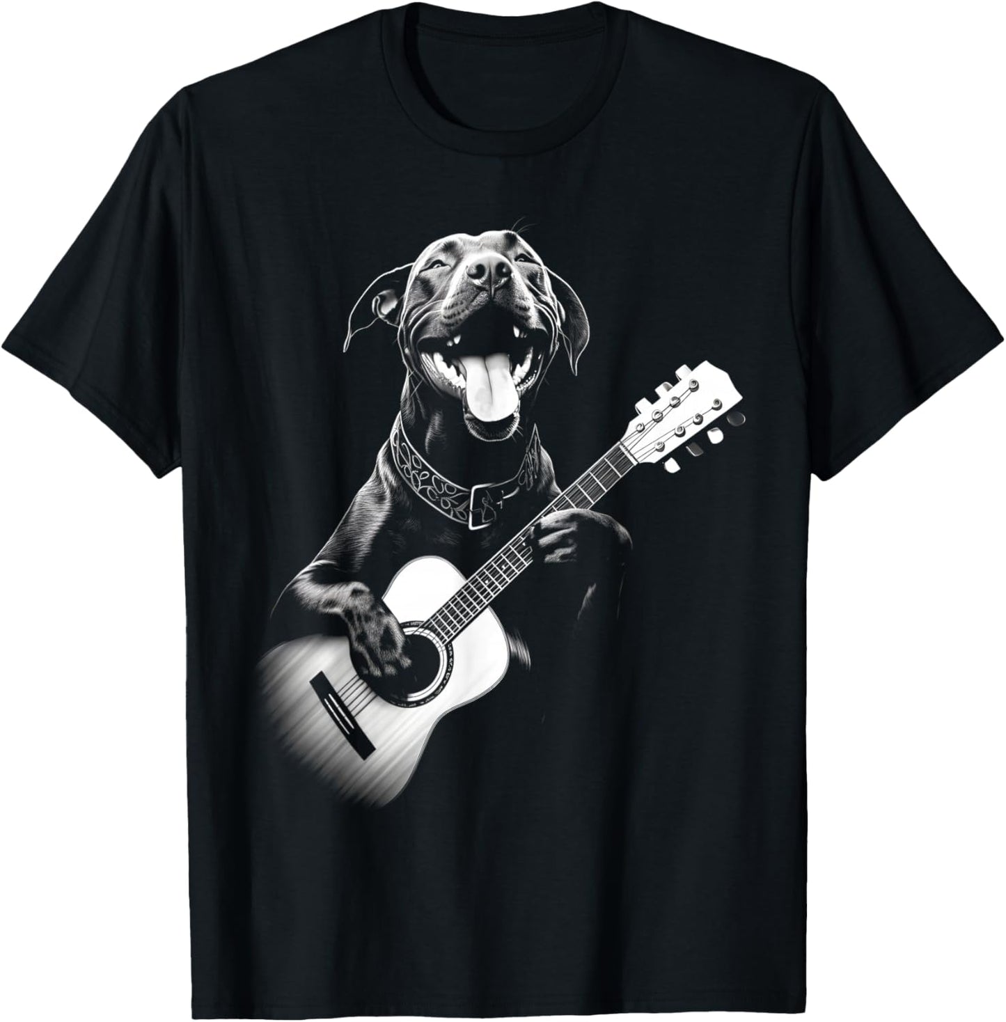 American Pitbull Playing Guitar - Funny Guitar Dog Men Women Kids T-Shirt - T-Shirt | Black