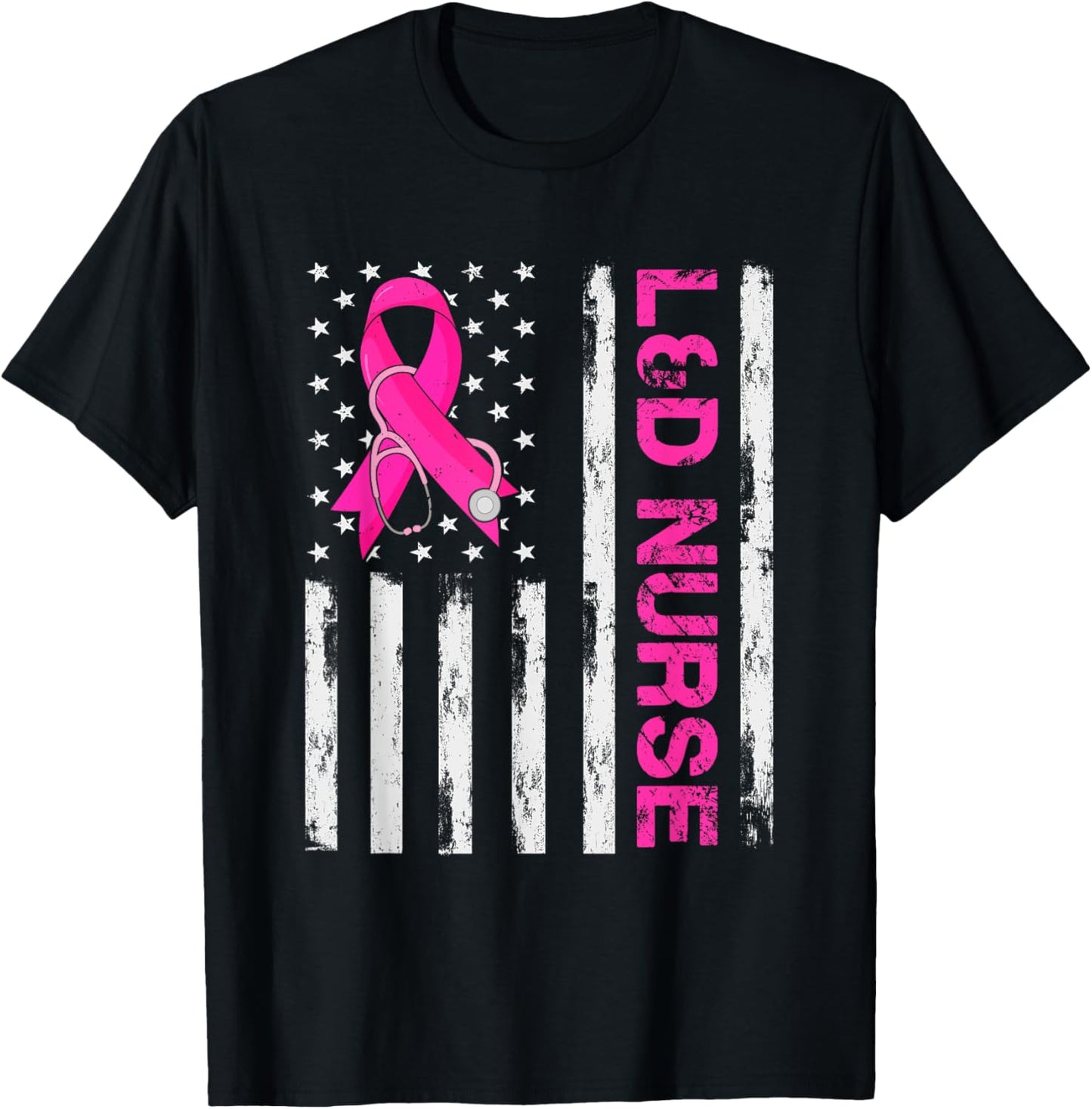 L&D Nurse American Flag Breast Cancer Awareness Pink Ribbon Women Men T-Shirt - T-Shirt | Black