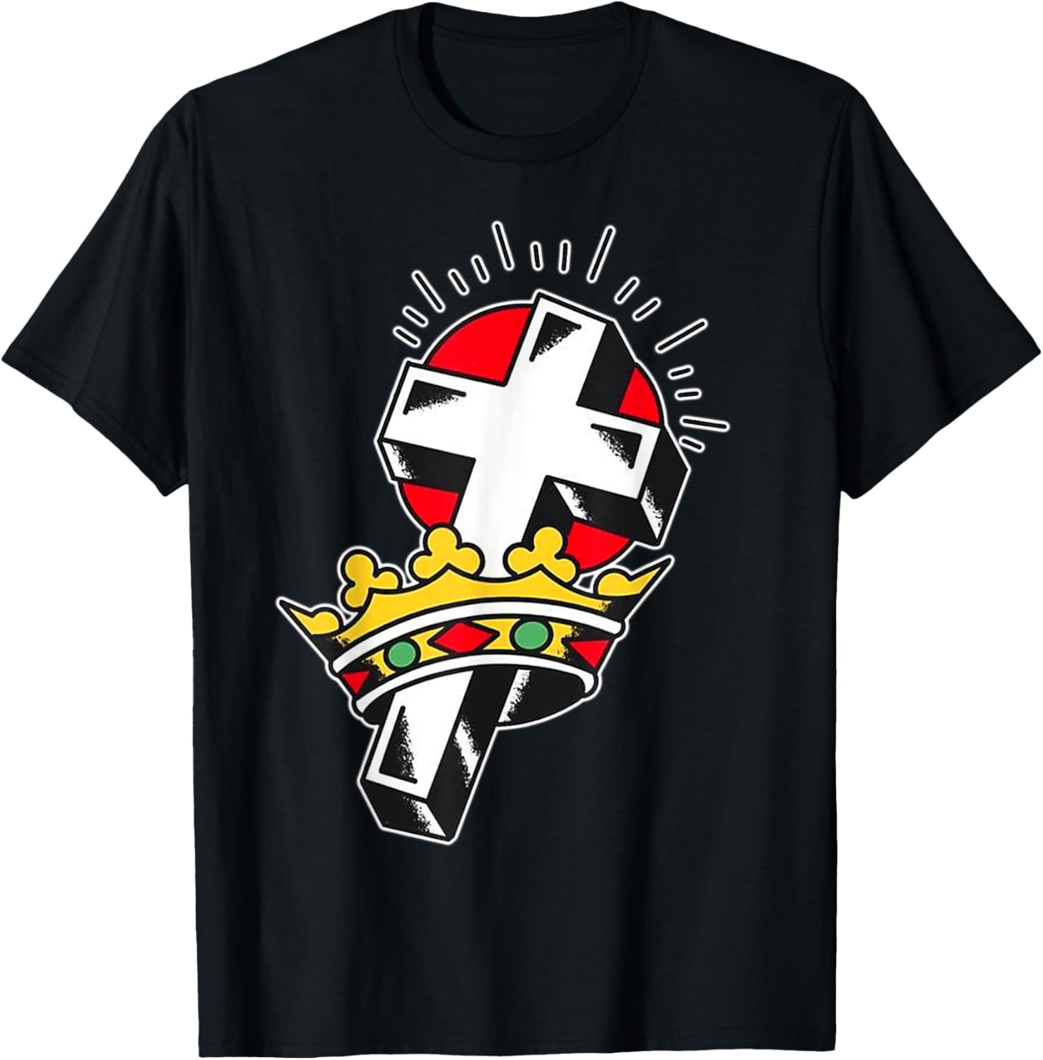 Crown x Crucifix Traditional Tattoo Flash T-Shirt - T-Shirt | Black