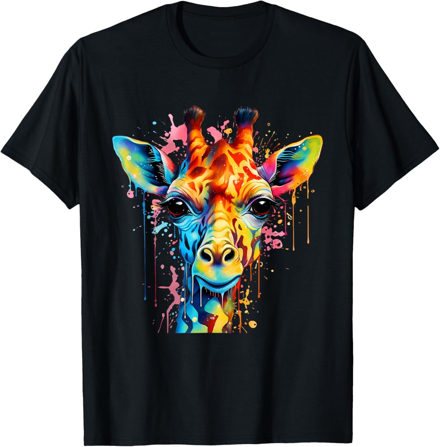 Giraffe Portrait Colorful Splash Artwork Wildlife Savanna T-Shirt - T-Shirt | Black