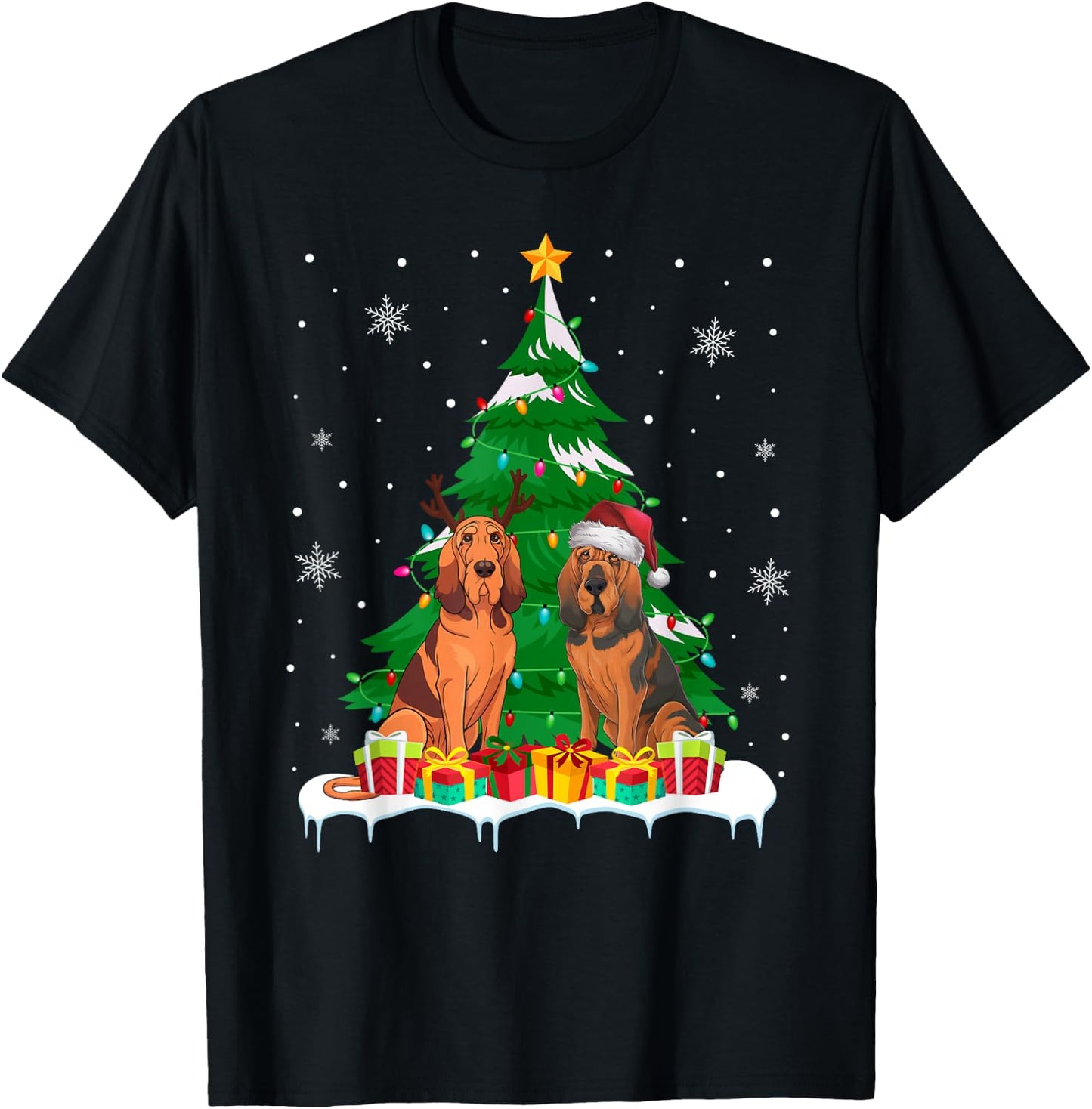 Bloodhound Dog Christmas Tree Lights Santa Reindeer Xmas PJs T-Shirt - T-Shirt | Black