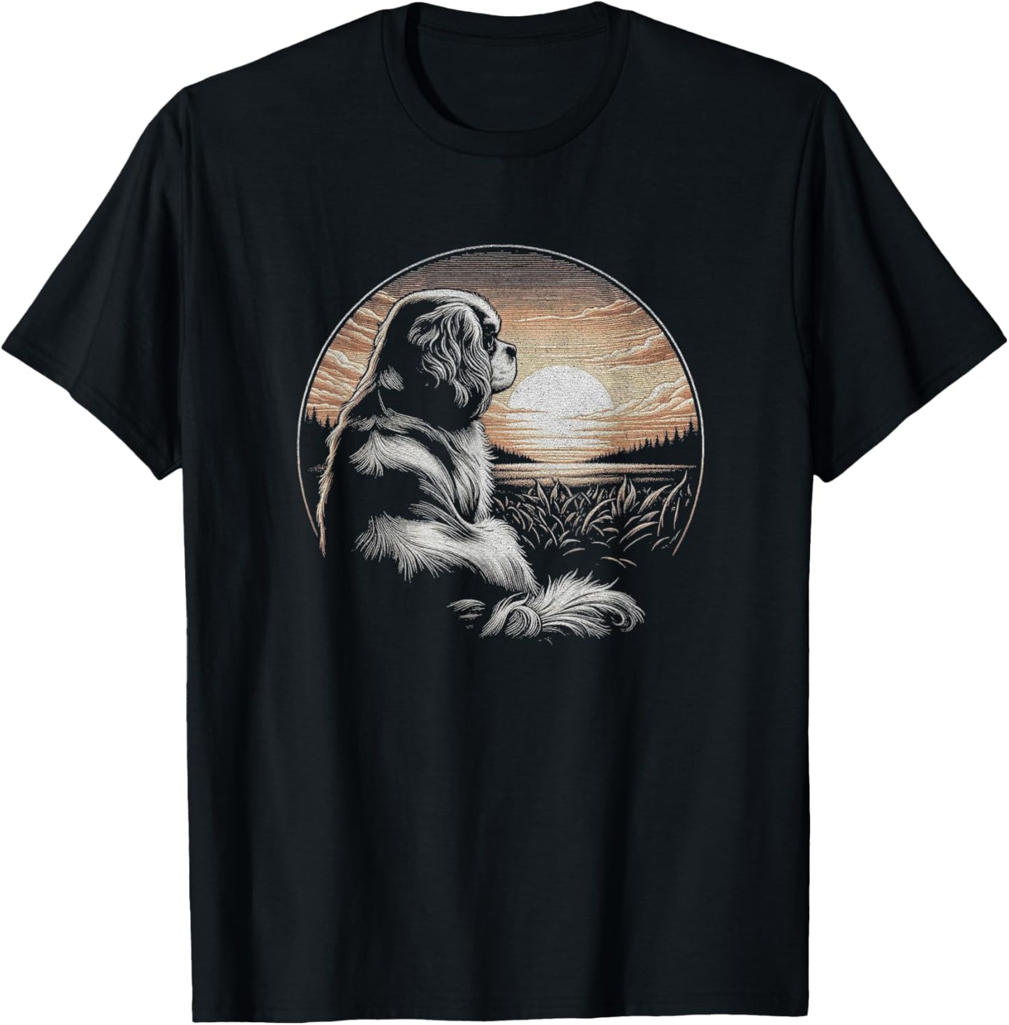 Vintage Cavalier King Charles Spaniel Retro Scene Design T-Shirt - T-Shirt | Black
