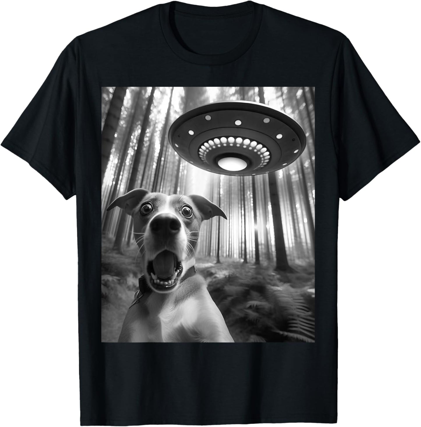Dog Selfie With Alien UFO Meme Funny Dog Lover Spaceship T-Shirt - T-Shirt | Black
