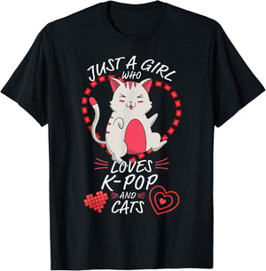 Just A Girl Who Loves K-Pop and Cats - Cute Anime Kawaii Cat T-Shirt - T-Shirt | Black