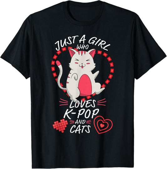 Just A Girl Who Loves K-Pop and Cats - Cute Anime Kawaii Cat T-Shirt - T-Shirt | Black
