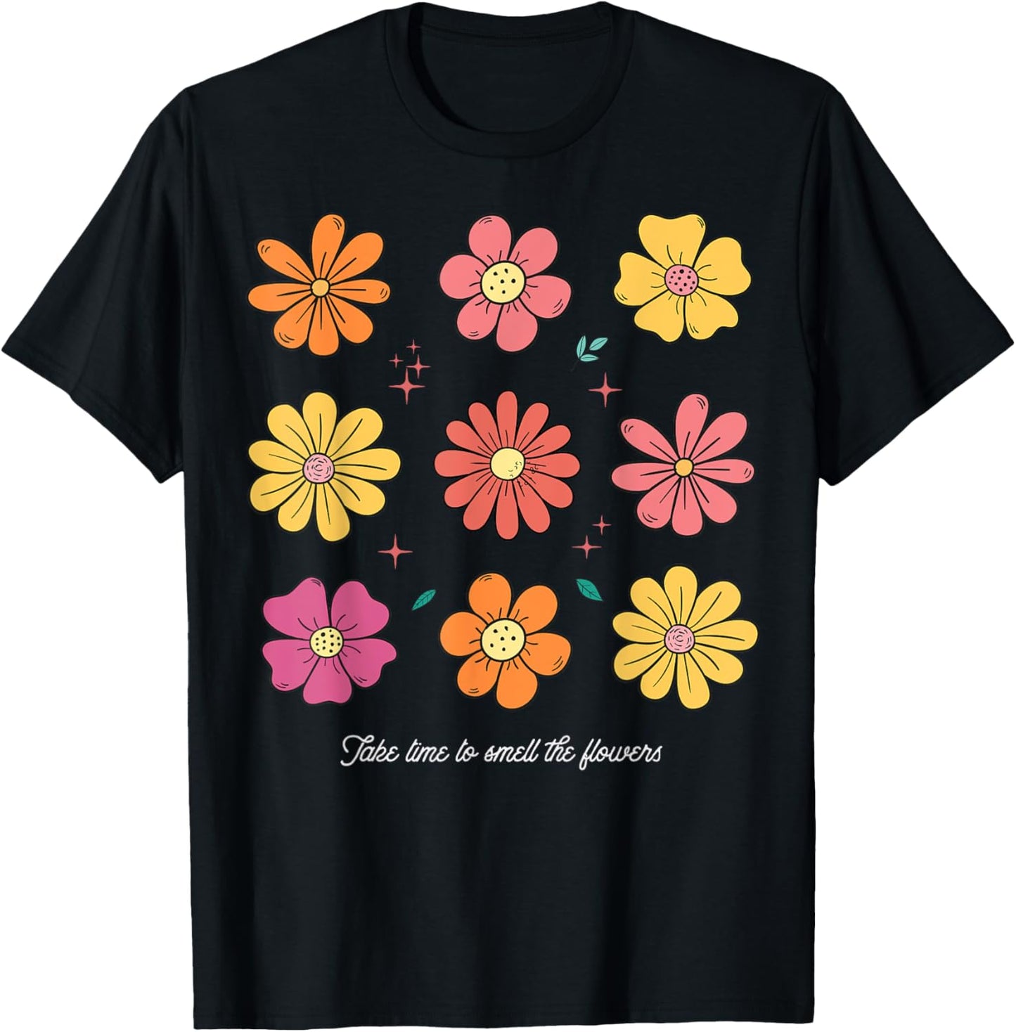 Summer FLoral Take time to smell the flowers Boho Flower Men Women Kids T-Shirt - T-Shirt | Black