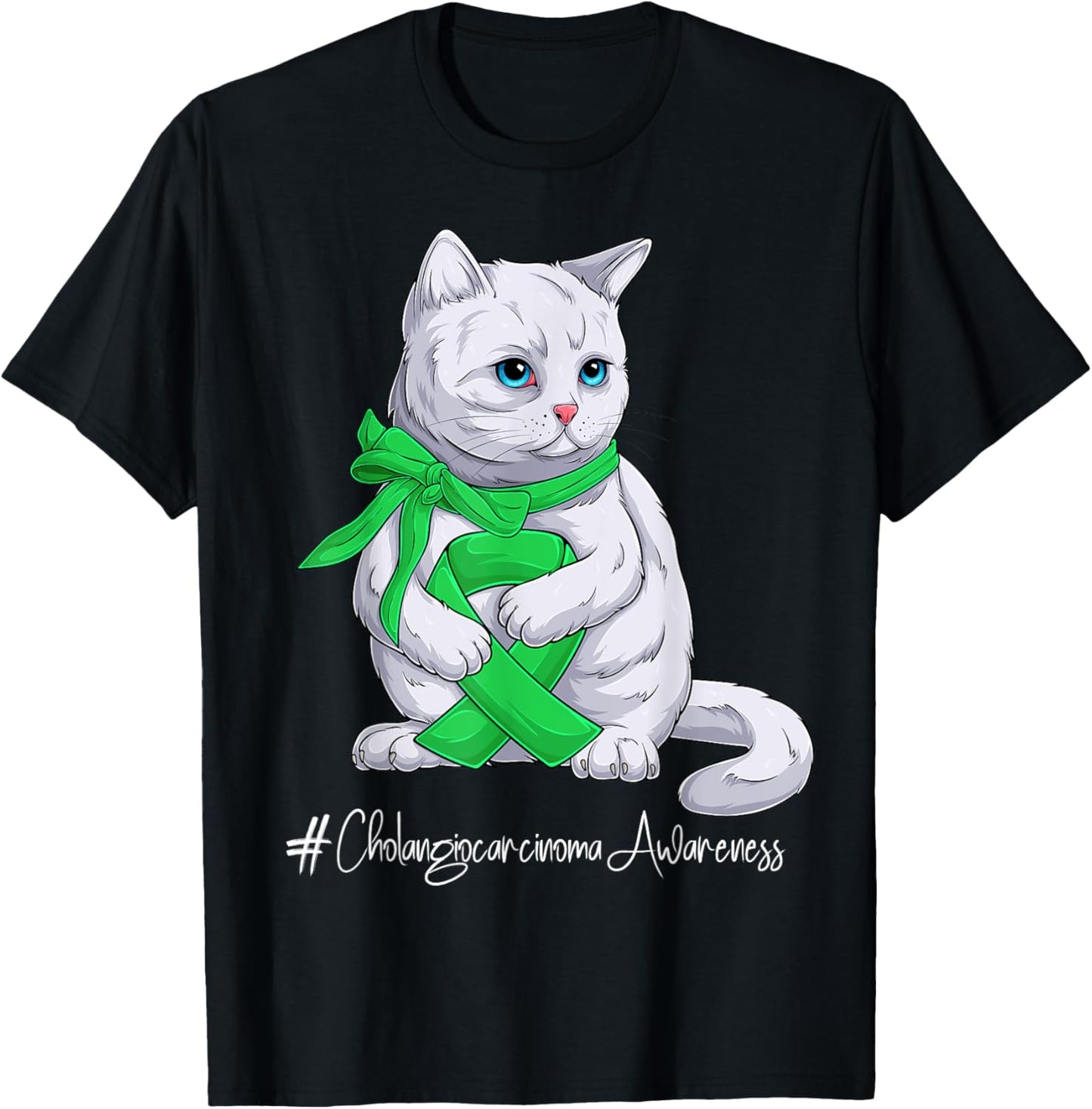 Cholangiocarcinoma Awareness Month Green Ribbon Cat T-Shirt - T-Shirt | Black
