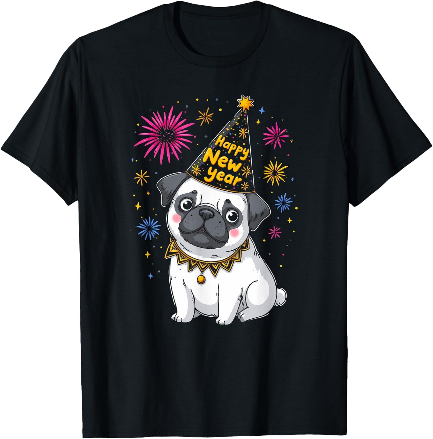 Happy New Year 2025 Eve Firework Dog Funny Pug Dog T-Shirt - T-Shirt | Black