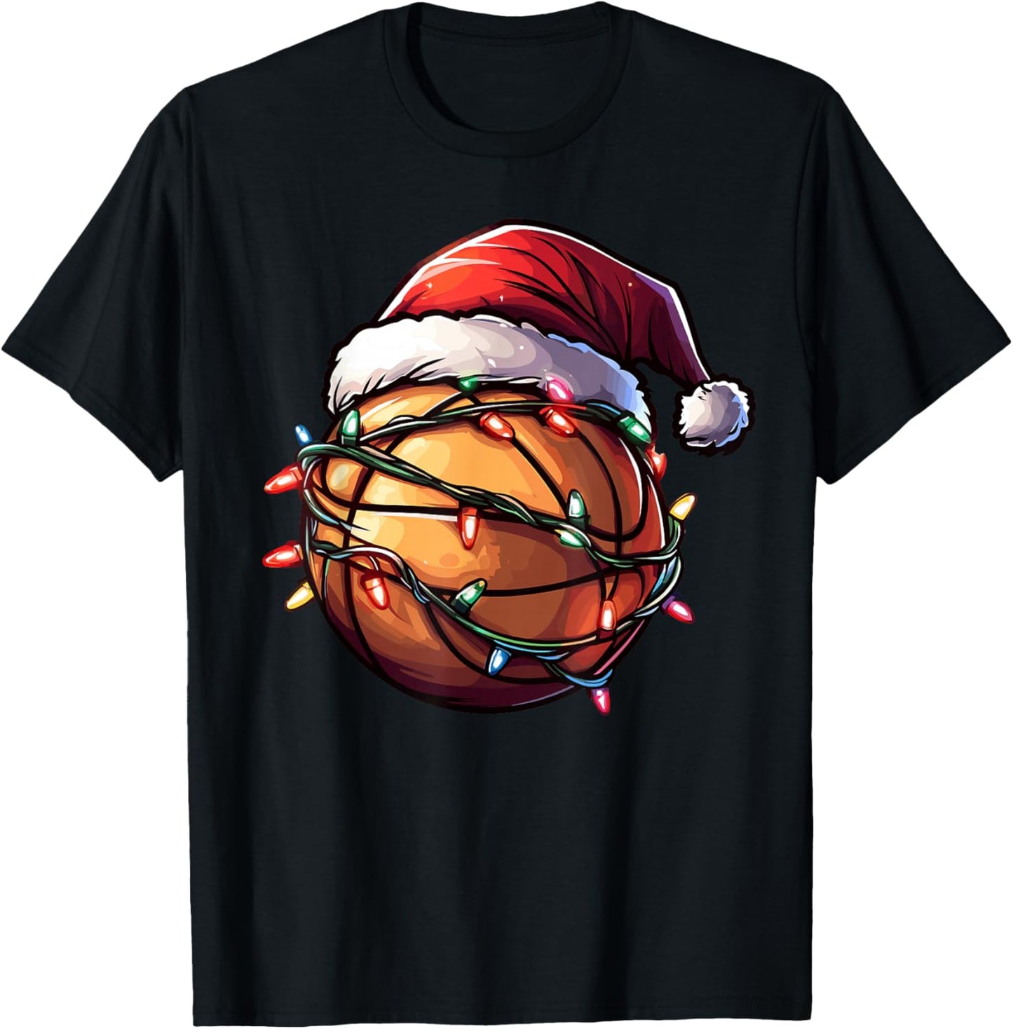Basketball Christmas Lights Santa Hat Basketball Player Xmas T-Shirt - T-Shirt | Black