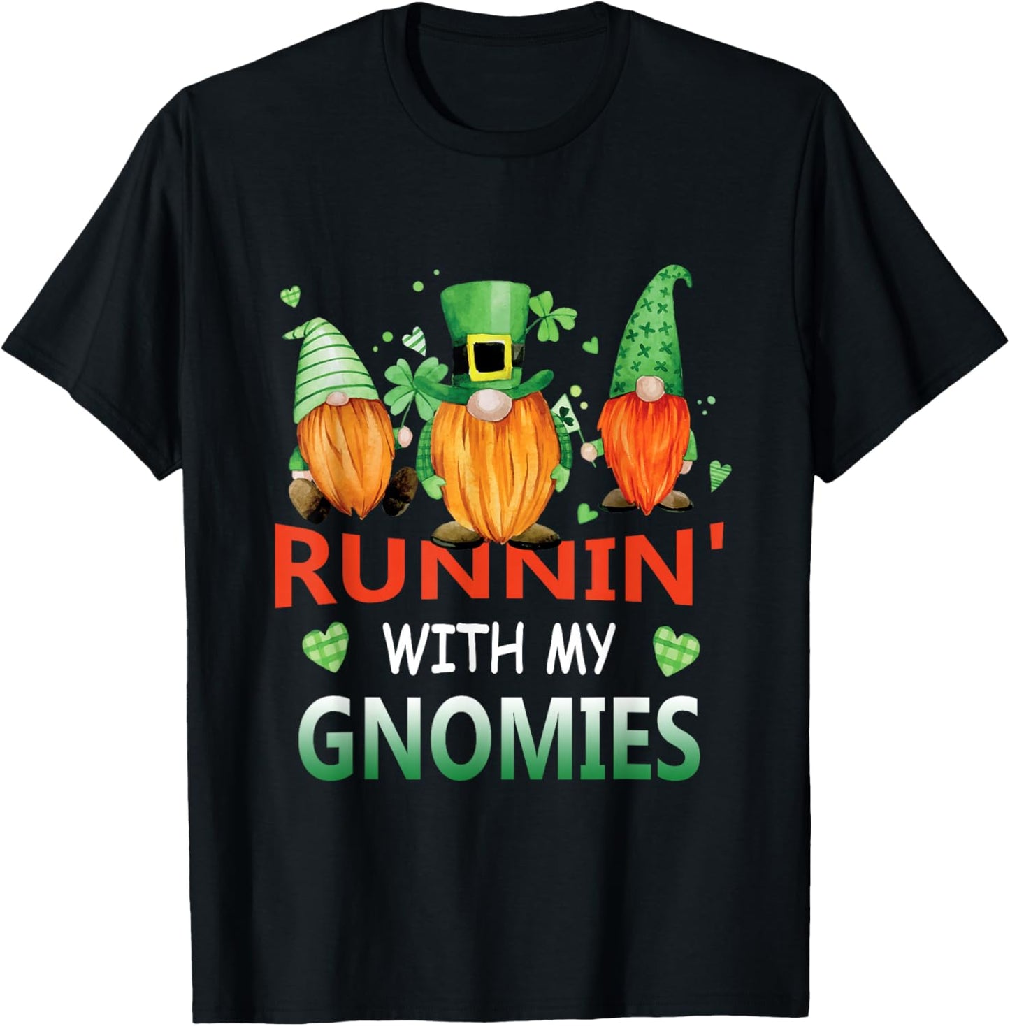 Running With My Gnomies St Patrick Day Shamrock Gnome T-Shirt - T-Shirt | Black