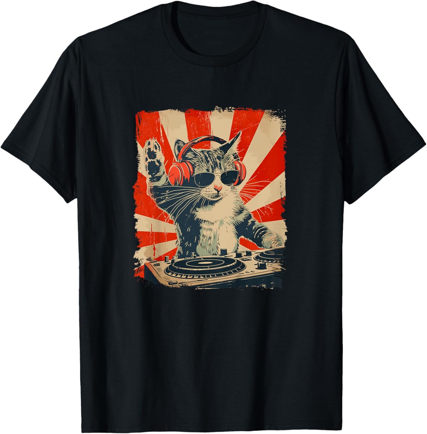 Funny DJ Cat Disco Sound Tech Headphone Music T-Shirt - T-Shirt | Black