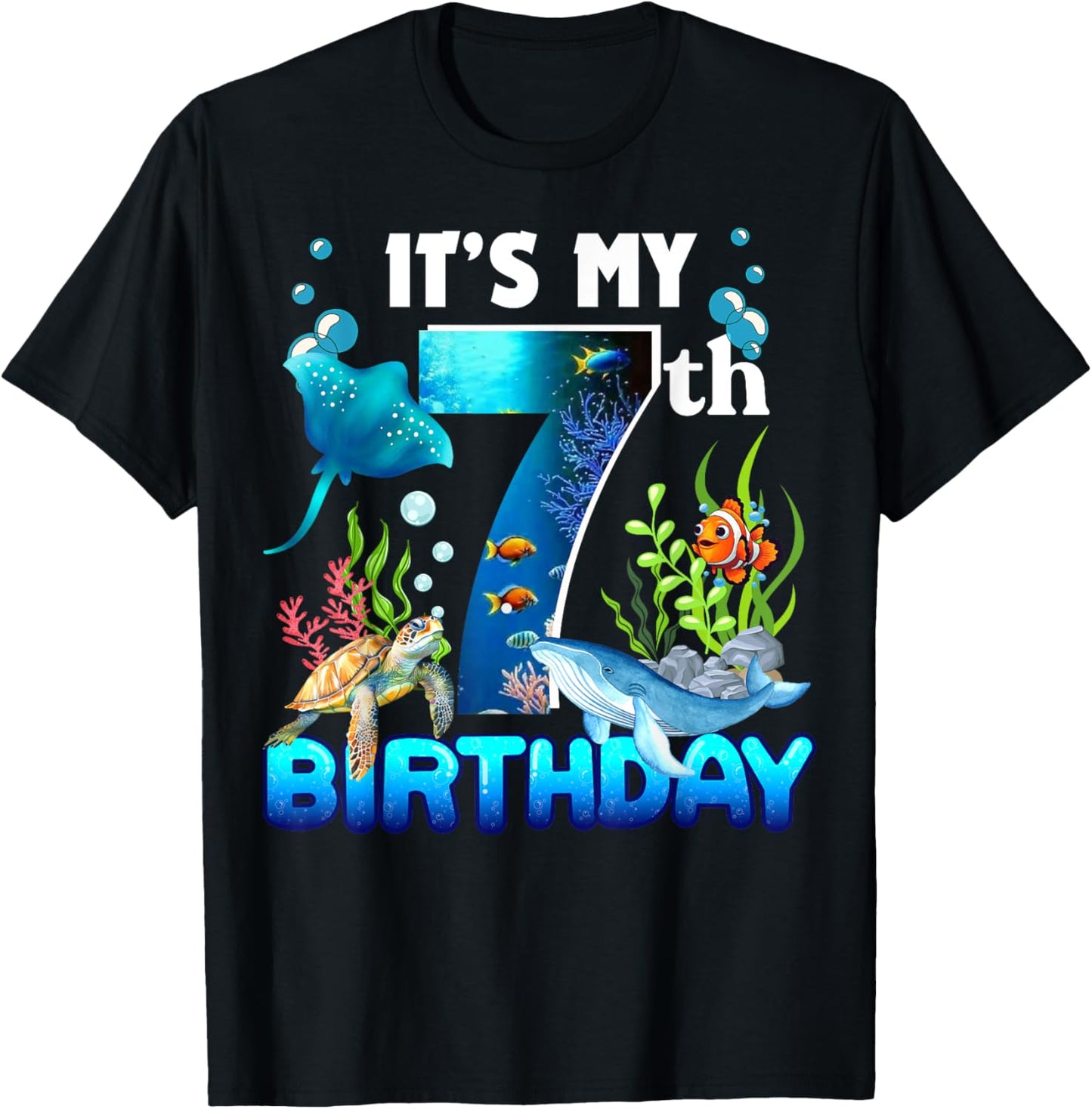 It's My 7th Birthday Party Ocean 7 Years Old Sea Fish B-Day T-Shirt - T-Shirt | Black