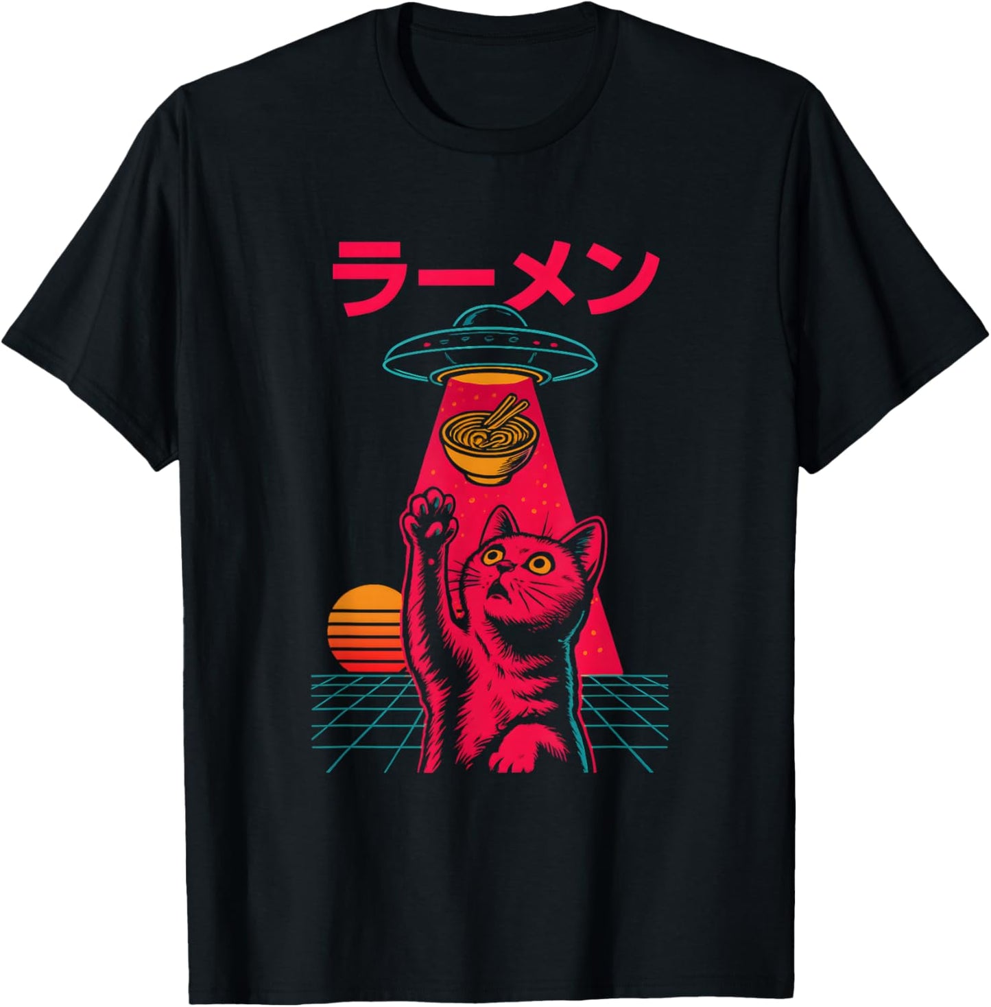 Cat Ramen Alien Abduction Vintage Japanese Retro UFO Graphic T-Shirt - T-Shirt | Black