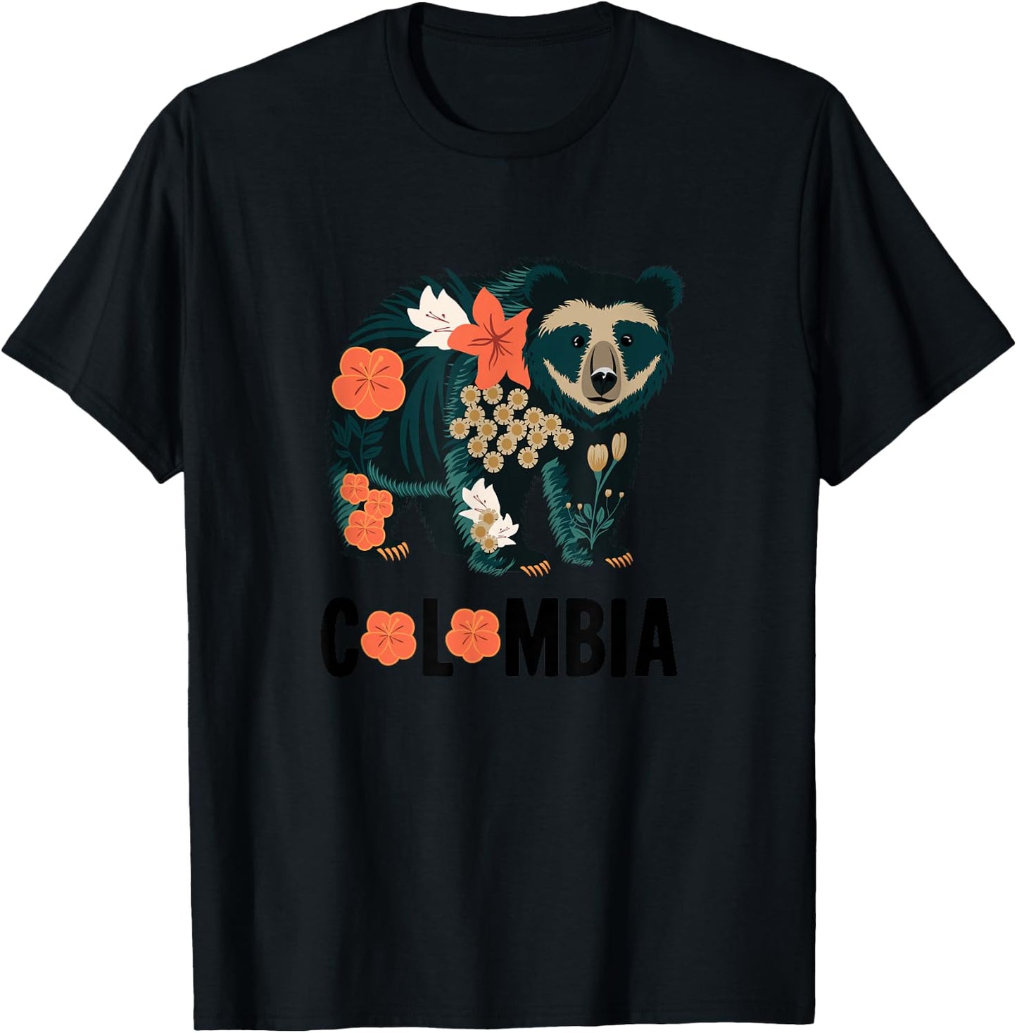 Spectacled Bear Colombia Floral Design - Colombian Nature T-Shirt - T-Shirt | Black