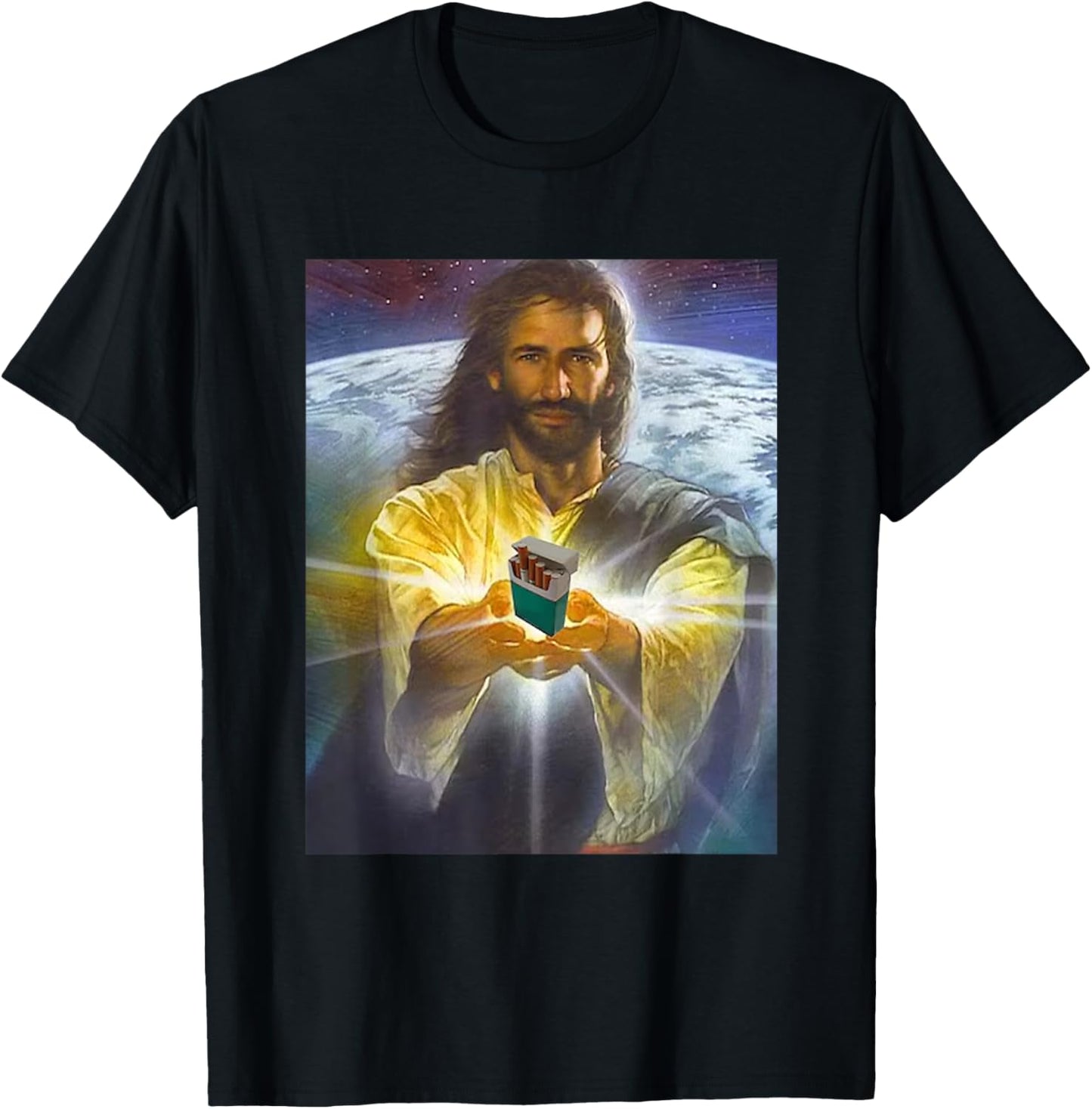 Jesus Holding Cigarettes Funny Jesus -Adults Black Short Sleeve Small T-Shirt - T-Shirt | Black