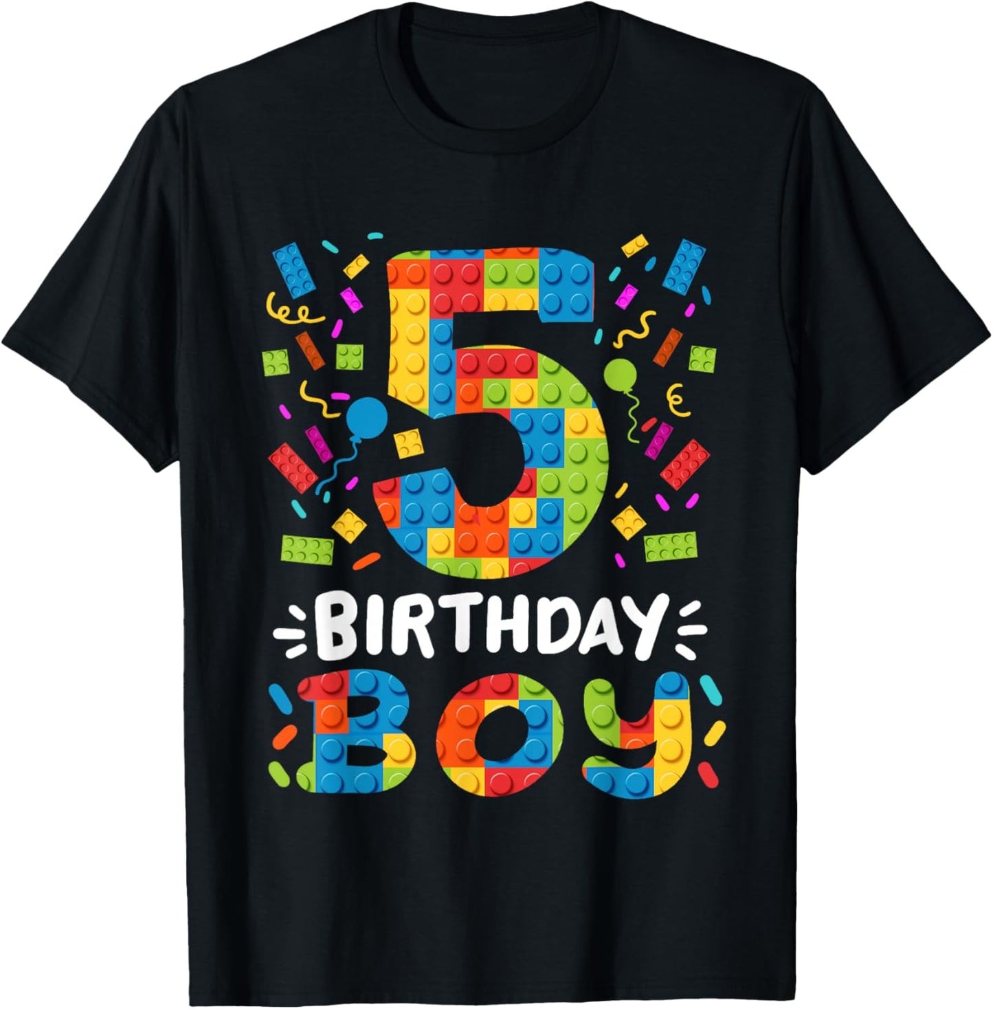 Kids 5 Years Old Building Blocks Builder 5th Birthday Boys T-Shirt - T-Shirt | Black