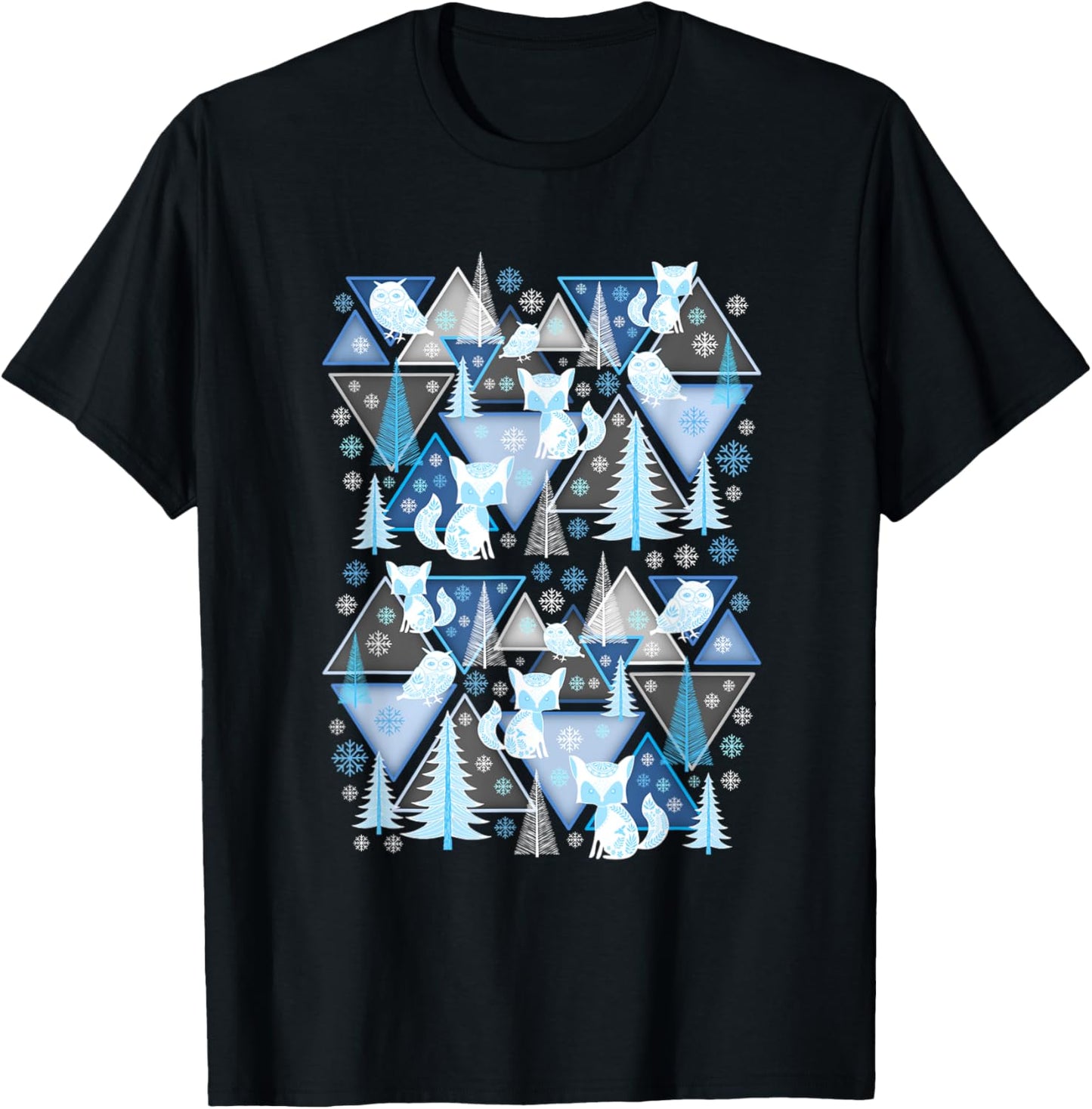 Cute Winter Season Scene Fox Pine Trees Owls Snowflakes T-Shirt - T-Shirt | Black