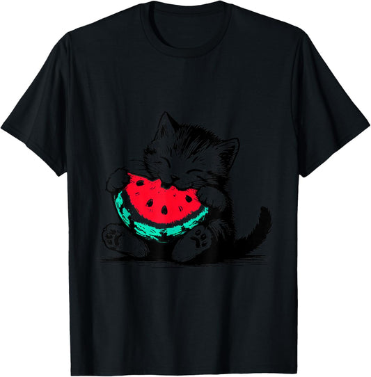Cute And Adorable Cat Eating A Watermelon Birthday T-Shirt - T-Shirt | Black