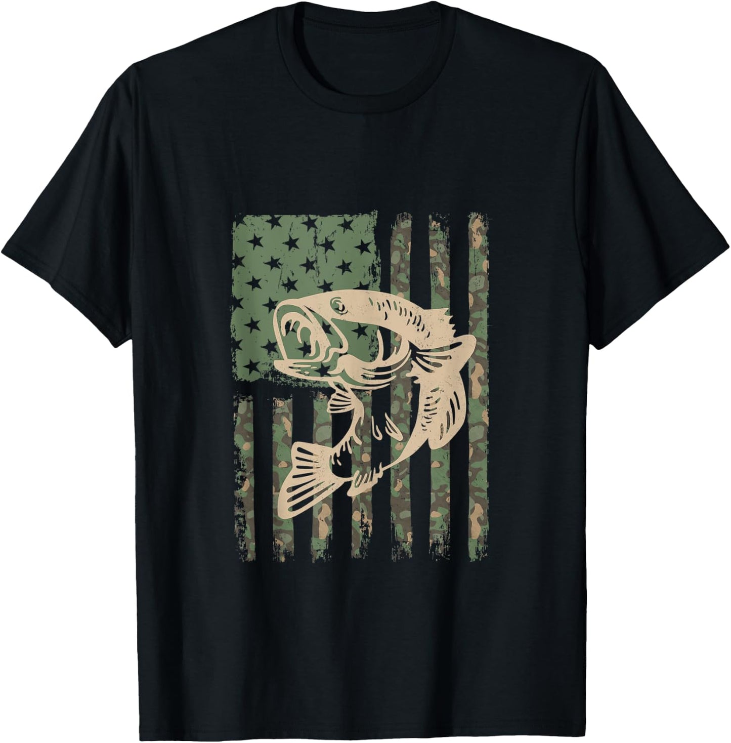 Camouflage USA Flag Big Mouth Bass Fishing T-Shirt - T-Shirt | Black