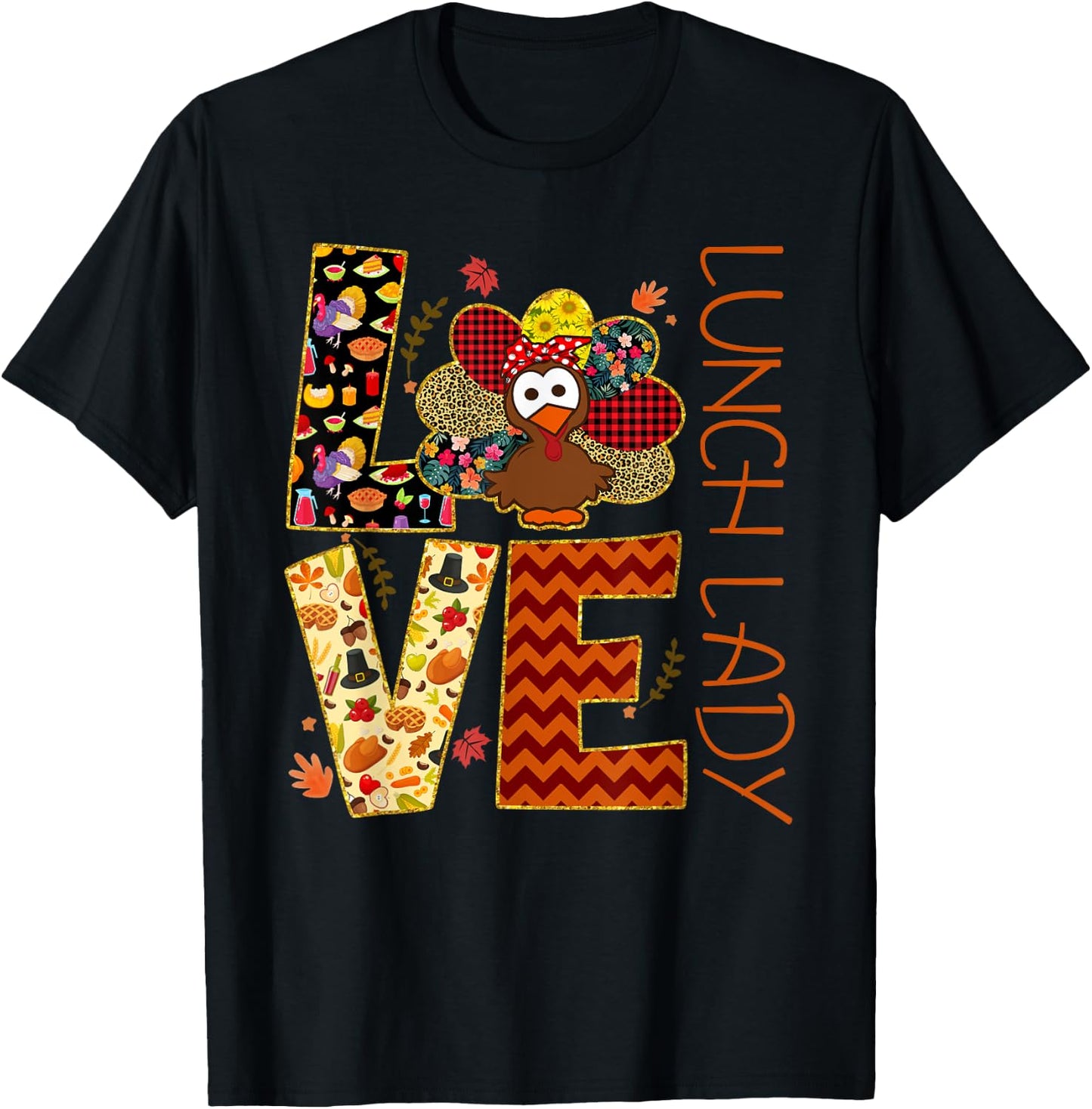 LOVE Turkey Lunch Lady Leopard Funny Thanksgiving Gift Women T-Shirt - T-Shirt | Black