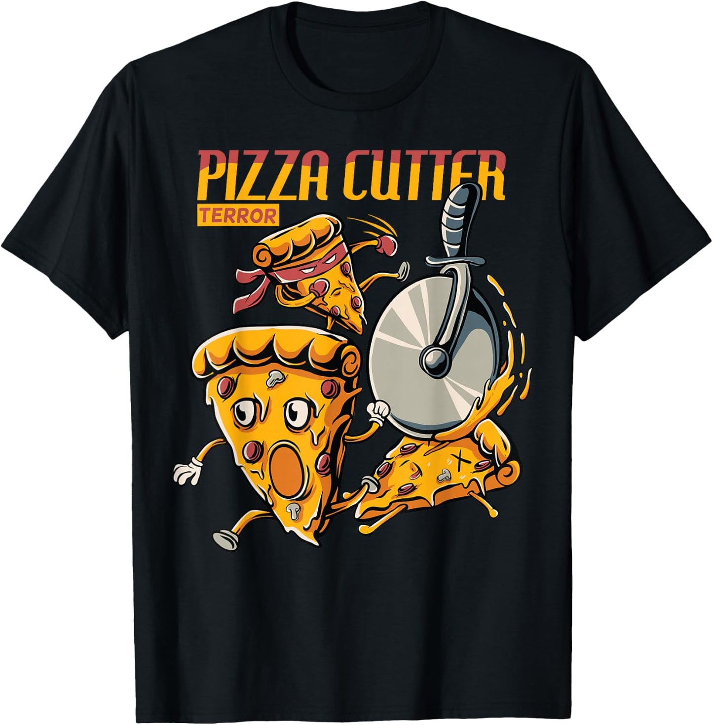 funny pizza slice chased by cutter wheel Gift lover food T-Shirt - T-Shirt | Black