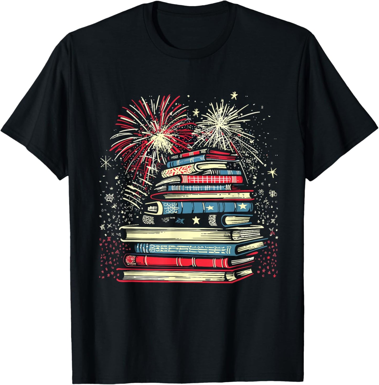 Books Fireworks 4th Of July Bookworm Patriotic Reader T-Shirt - T-Shirt | Black