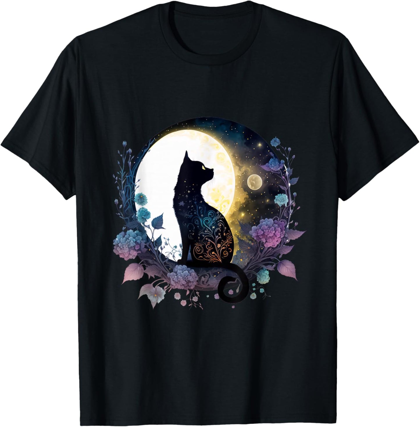 Moonlit Black Cat – Lunar Floral Night Cat T-Shirt - T-Shirt | Black
