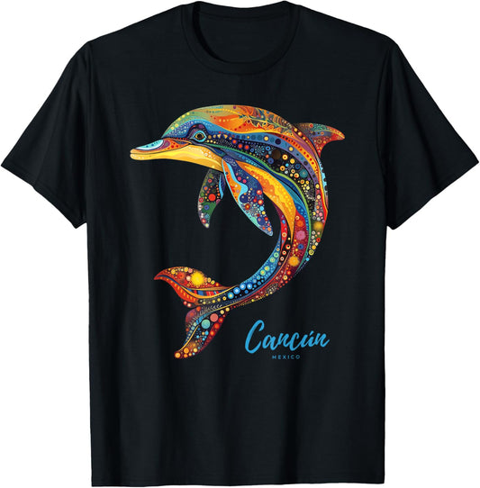 Cancun Mexico Beach Vintage Vacation Retro Tribal Dolphin T-Shirt - T-Shirt | Black
