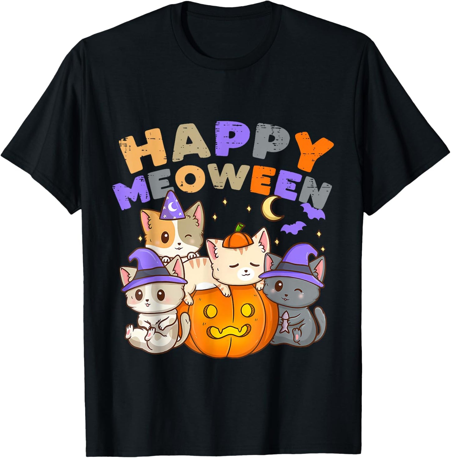 Happy Meoween Witch Cute Cats Halloween Pet Kitten Cat T-Shirt - T-Shirt | Black