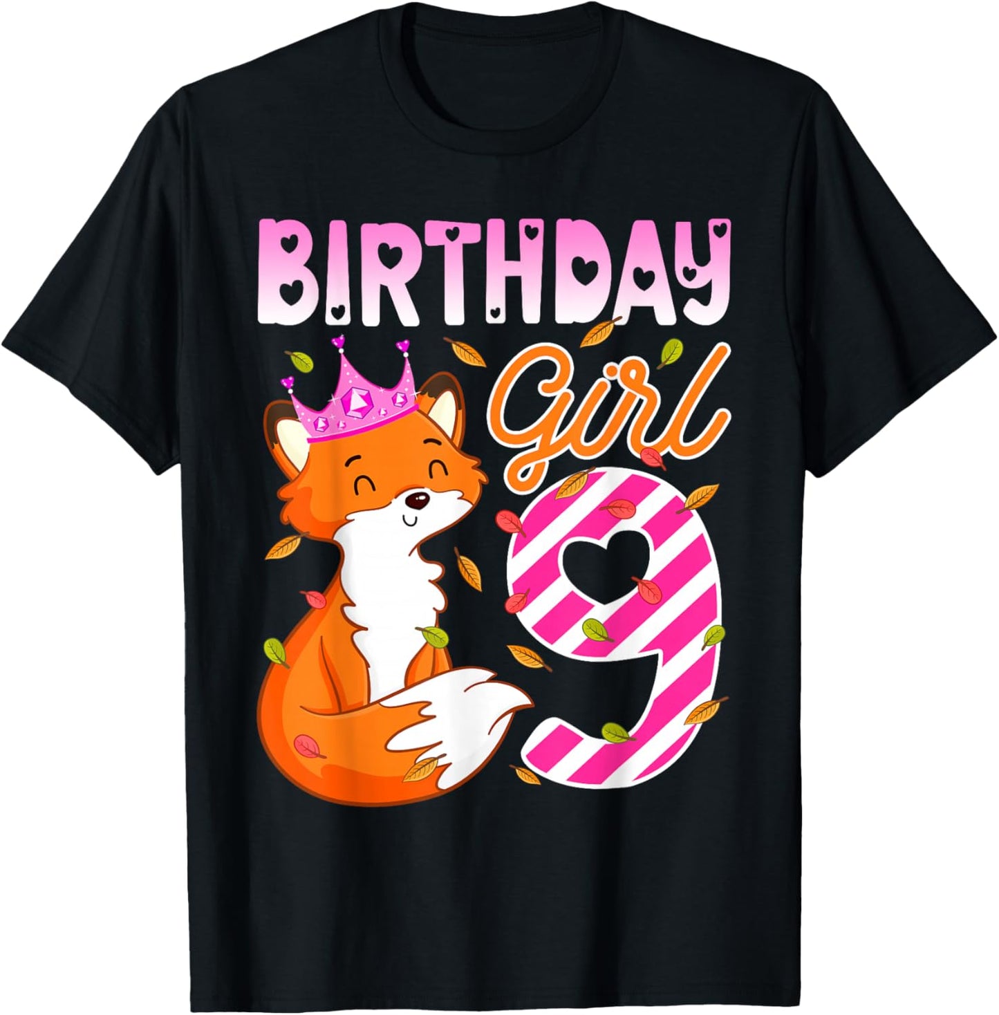 Fox Animal Lovers 9th Birthday Girl Fox B-day 9 year old T-Shirt - T-Shirt | Black
