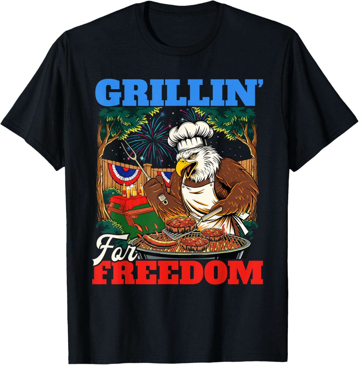 Grillin’ For Freedom - USA American Flag 4th Of July Fourth T-Shirt - T-Shirt | Black