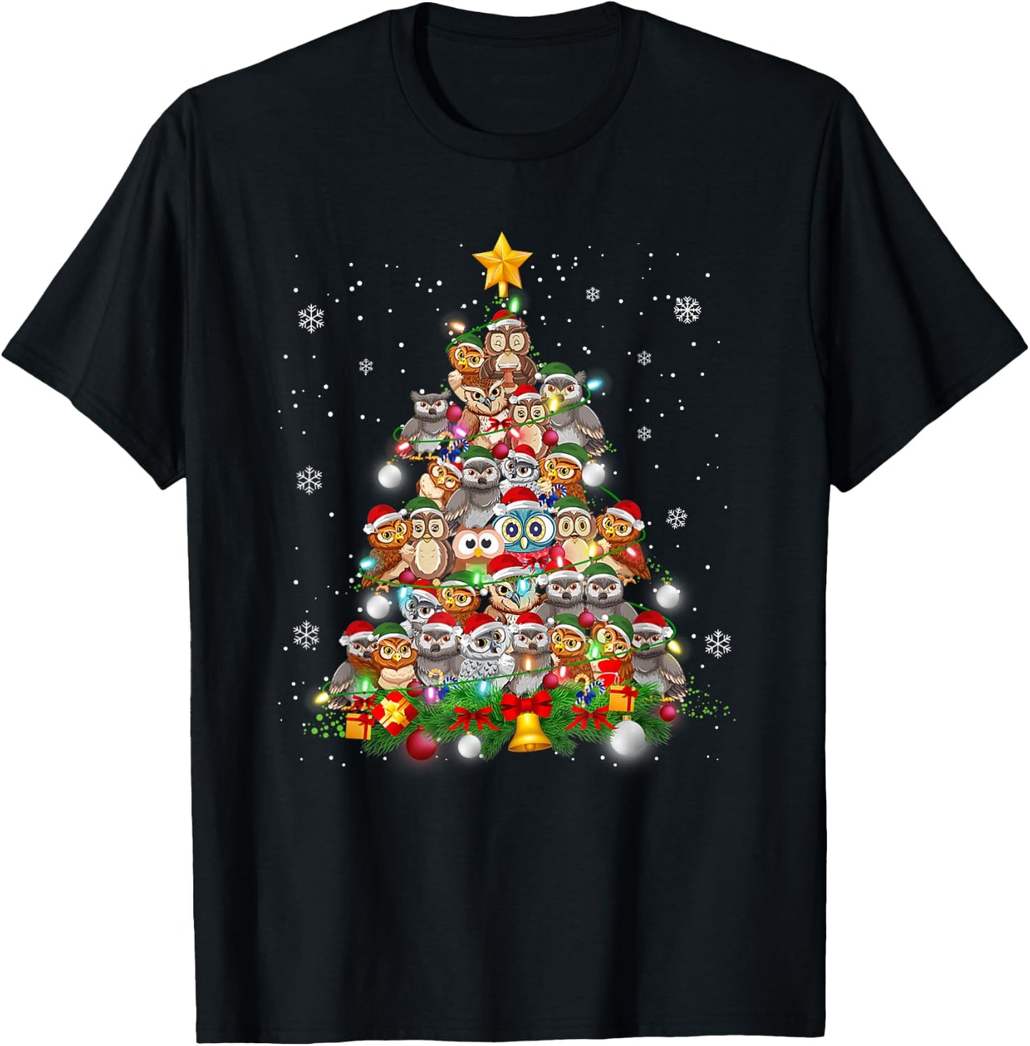 Funny Cute Cute Owls Christmas Tree Xmas Pajamas Gift T-Shirt - T-Shirt | Black