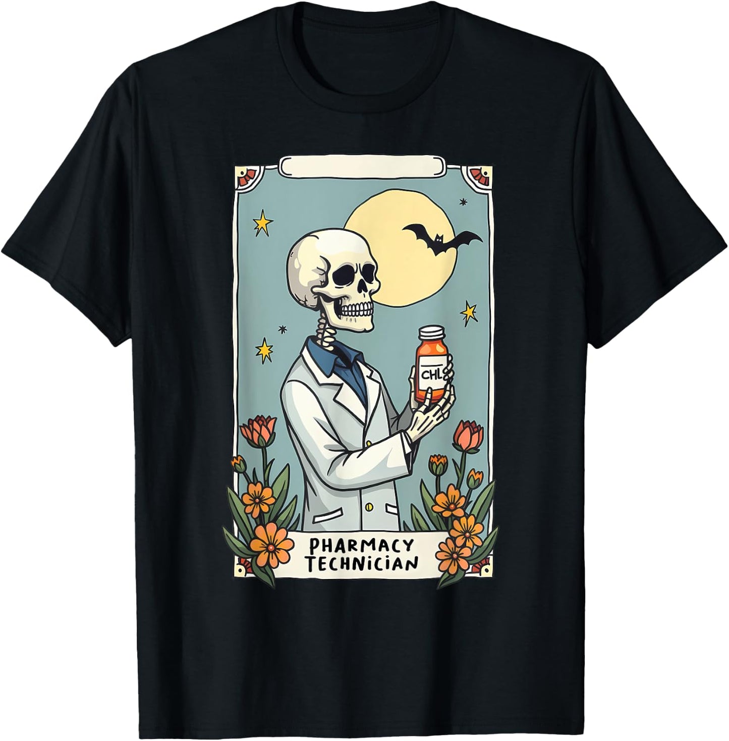 Floral Skeleton Skeleton Tarot Card Pharmacy Technician T-Shirt - T-Shirt | Black