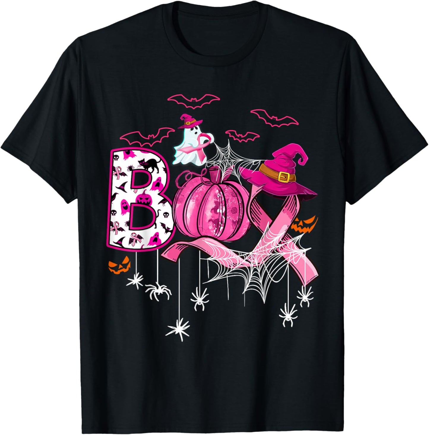 Boo Halloween Pumpkin Pink Ribbon Witch Breast Cancer T-Shirt - T-Shirt | Black