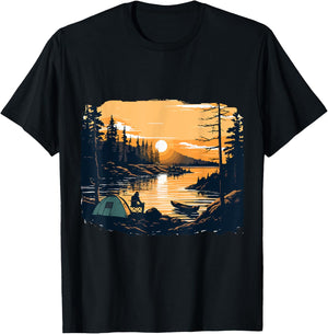 Camping Tent Outdoors Mountains Vintage Sunset T-Shirt - T-Shirt | Black