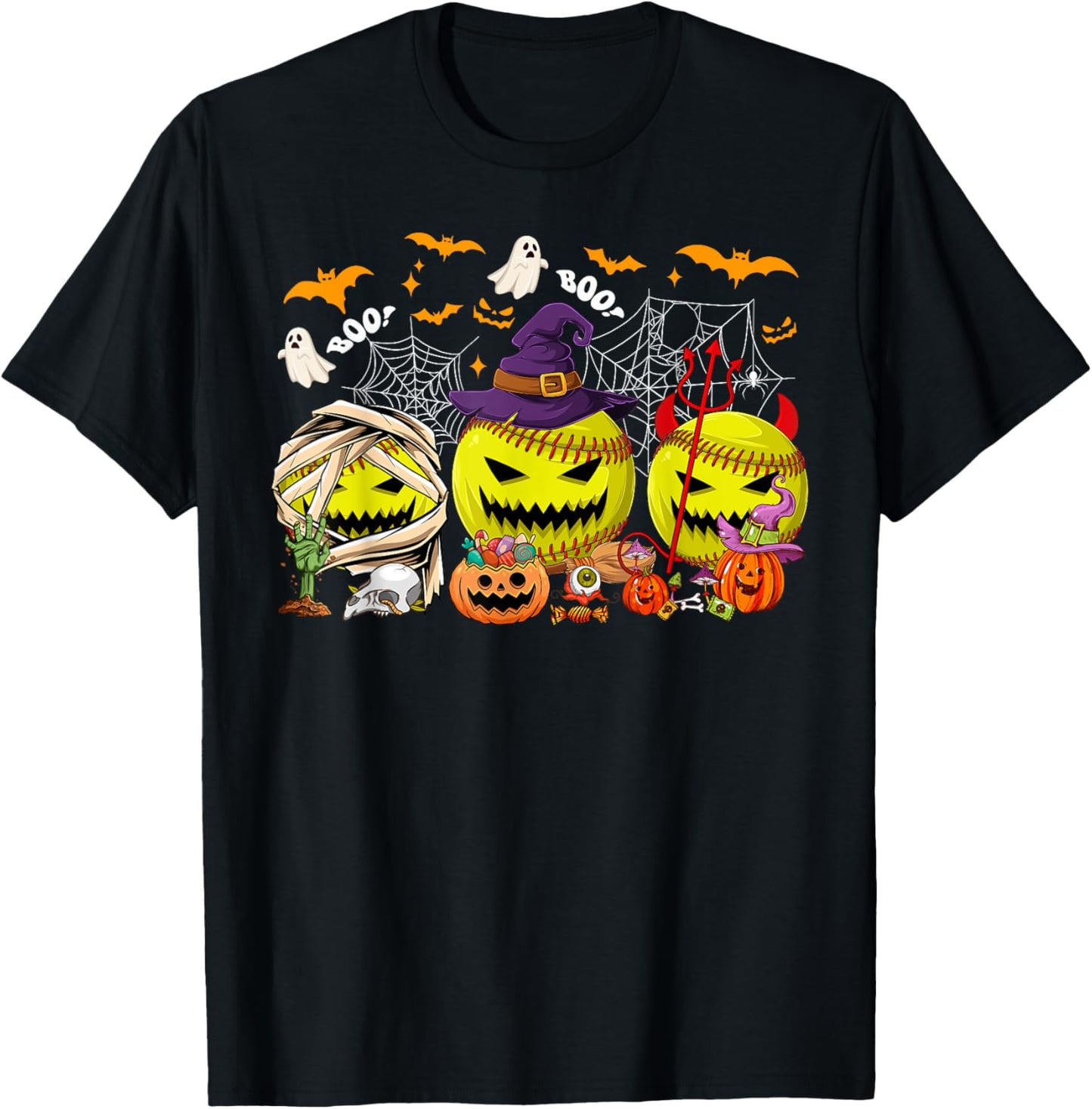 Funny Mummy Witch Devil Softball Balls Happy Halloween Day T-Shirt - T-Shirt | Black