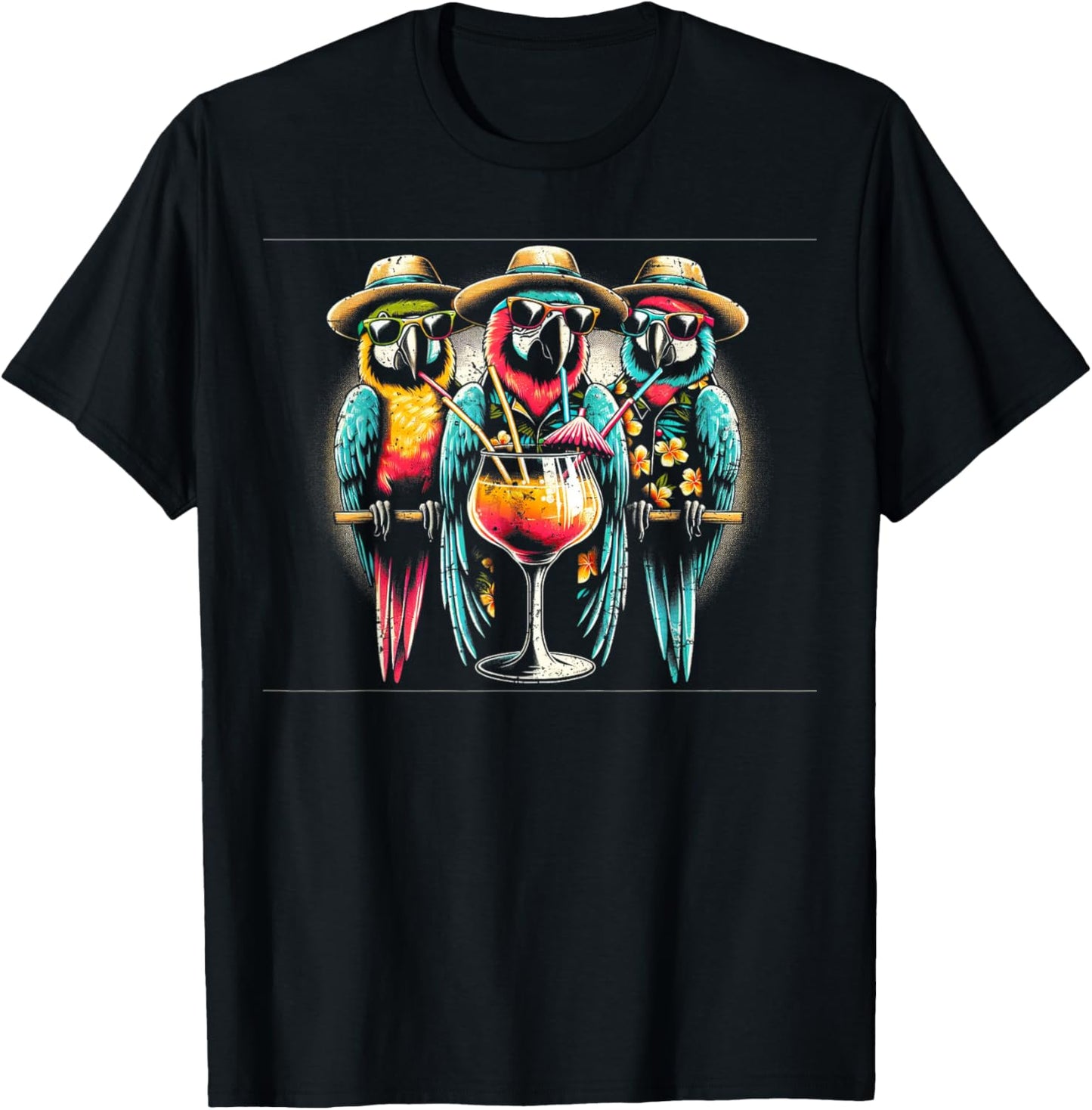 Parrots Drinking Margarita Tropical Birds Vacation Hawaiian T-Shirt - T-Shirt | Black