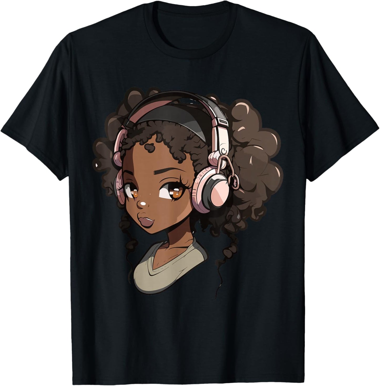 Anime and Music Black Girl Anime Merch Afro African American T-Shirt - T-Shirt | Black