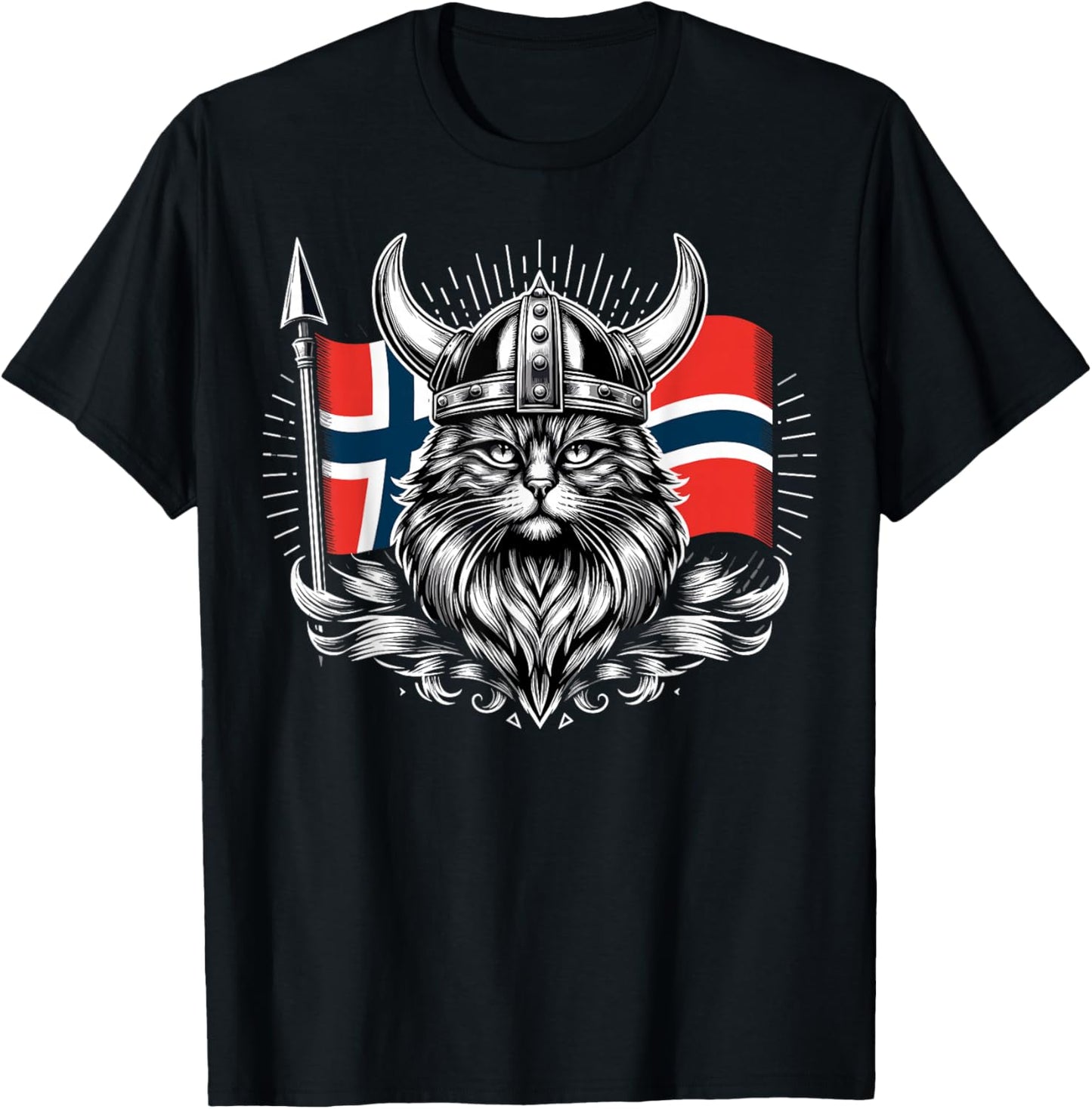 Viking Cat Norwegian Flag Norway Cat , Black, S T-Shirt - T-Shirt | Black