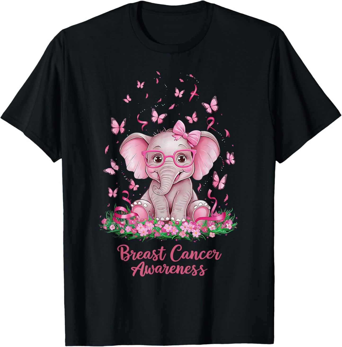 Pink Ribbon Breast Cancer Awareness Cure Elephant T-Shirt - T-Shirt | Black