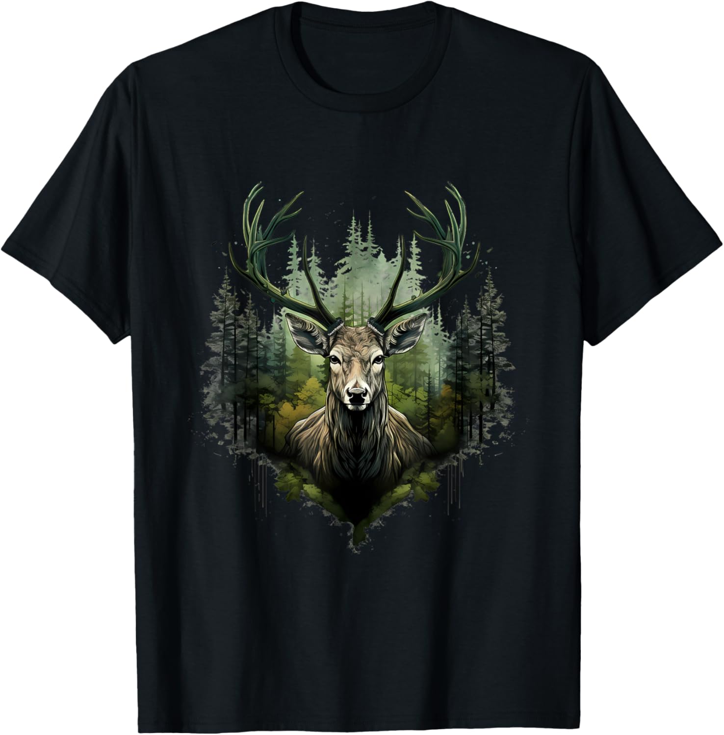 Deer Portrait Forest Motif Artwork Animal Lovers Wildlife T-Shirt - T-Shirt | Black